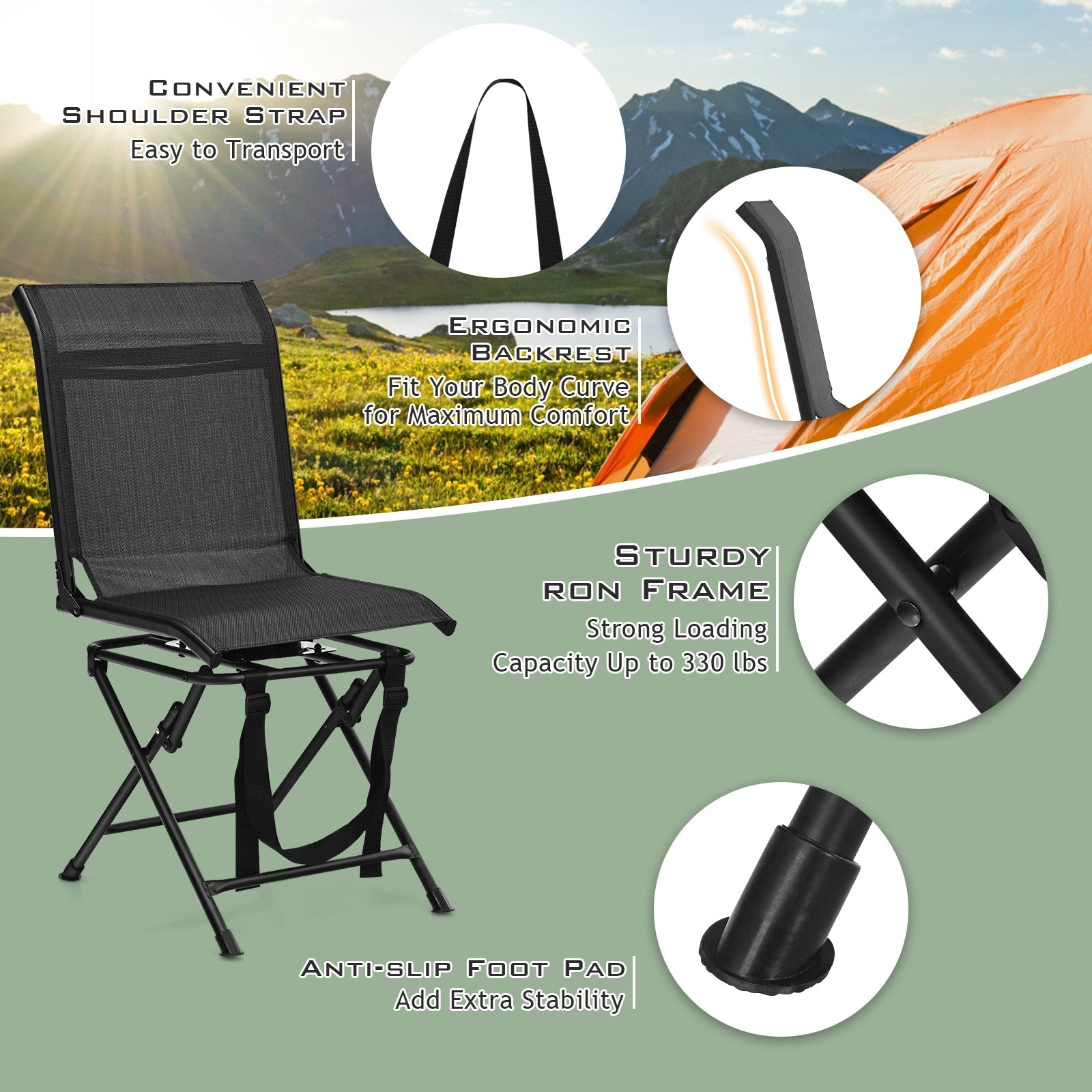 All weather Outdoor Foldable 360 Degree Swivel Chair with Iron Frame - Energize Trek