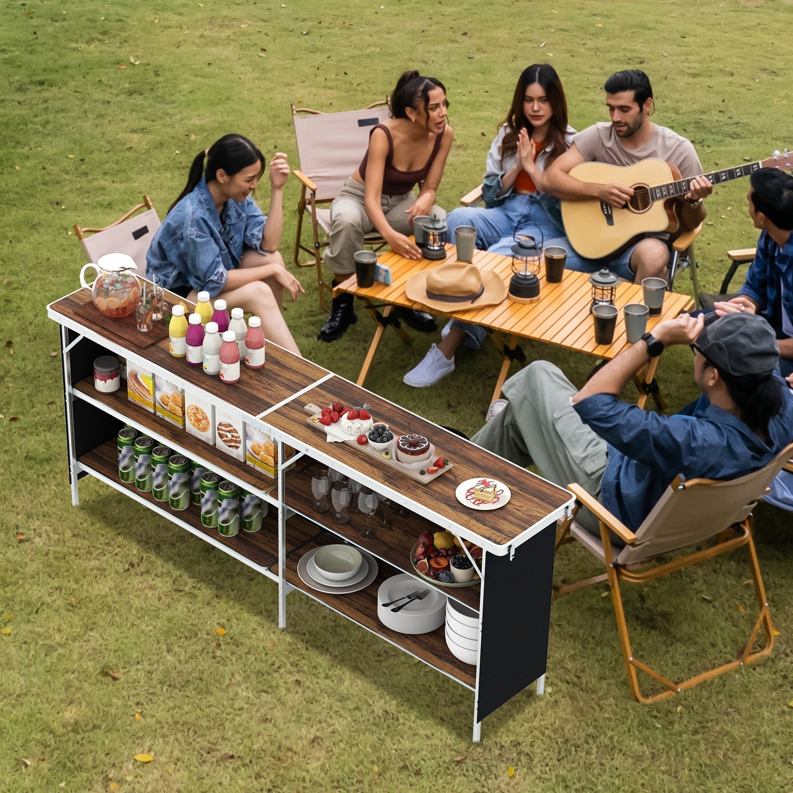 Aluminum Portable Picnic Table with 2-Tier Open Shelves and Spacious Tabletop - Energize Trek