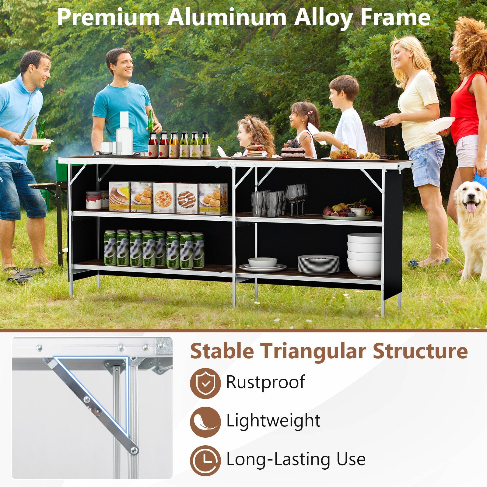 Aluminum Portable Picnic Table with 2-Tier Open Shelves and Spacious Tabletop - Energize Trek