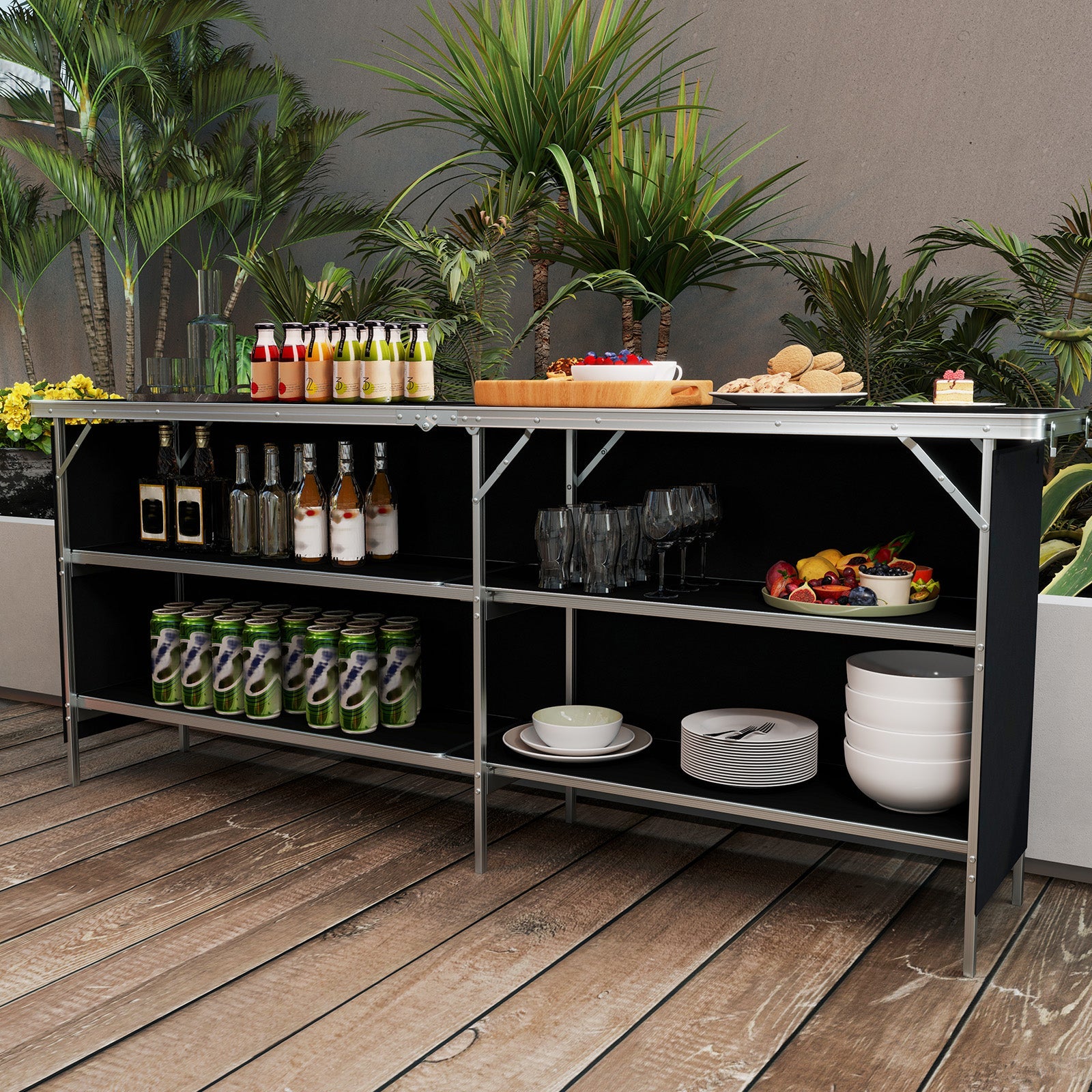 Aluminum Portable Picnic Table with 2-Tier Open Shelves and Spacious Tabletop - Energize Trek