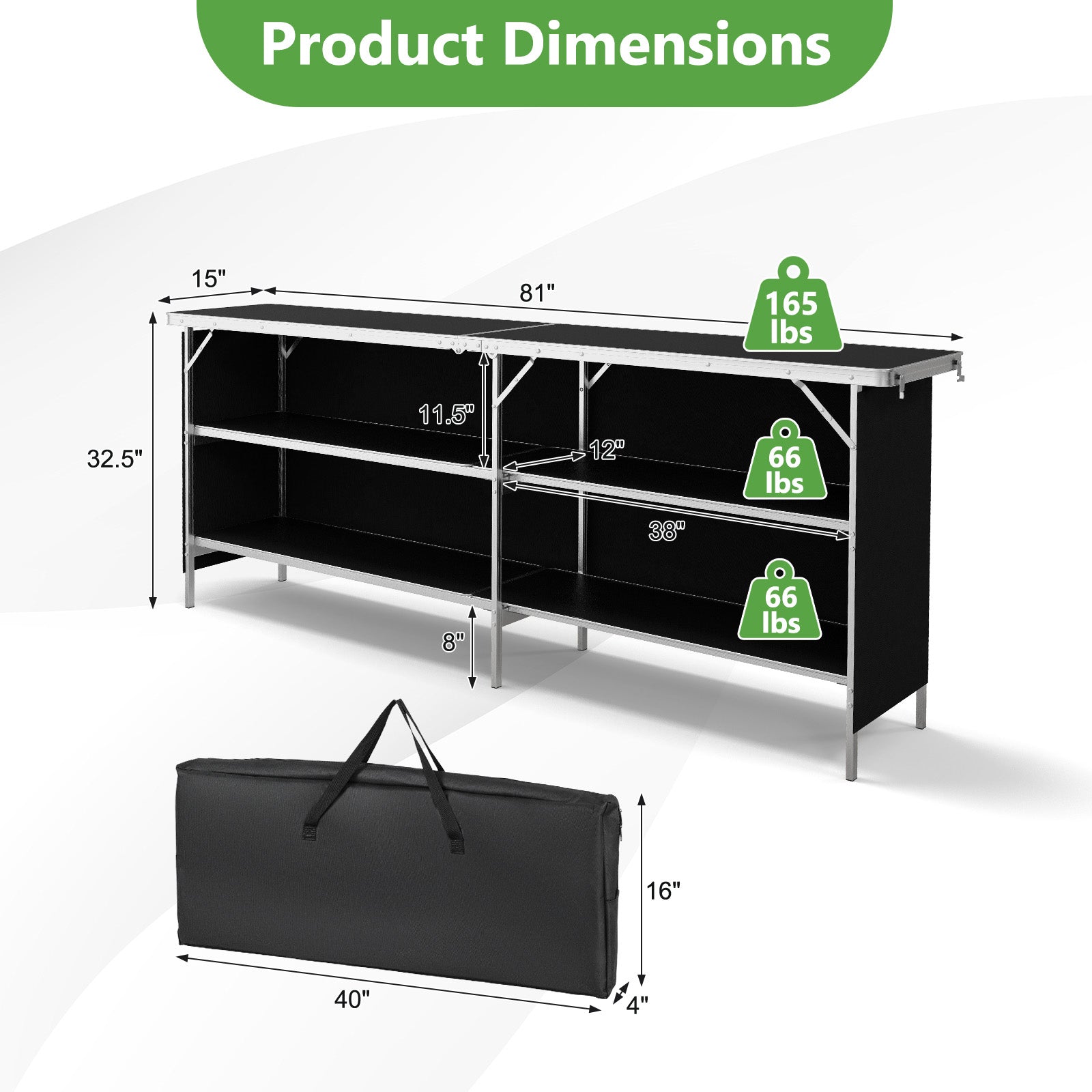 Aluminum Portable Picnic Table with 2-Tier Open Shelves and Spacious Tabletop - Energize Trek