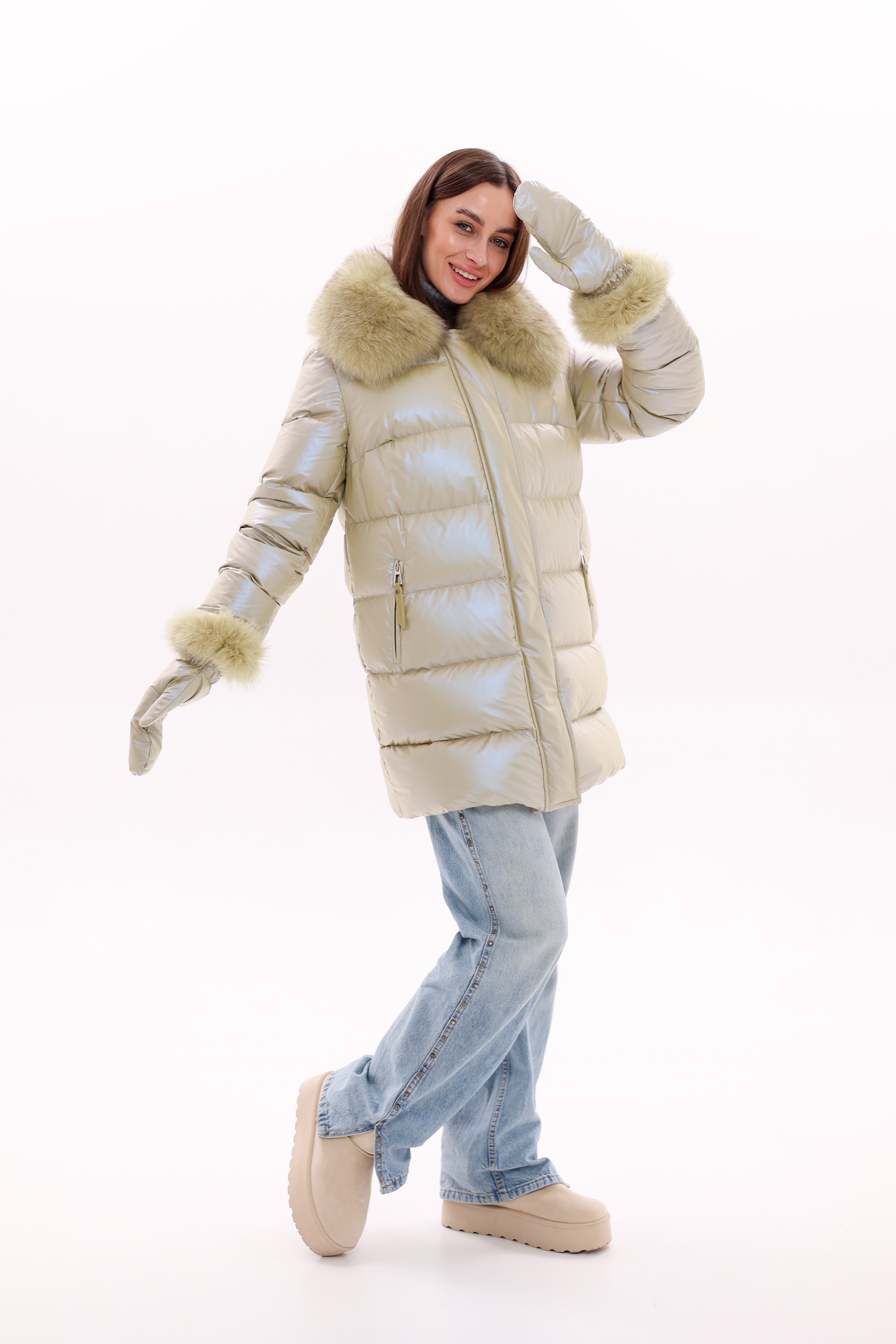 Genuine Fox Fur Down Coat with Fur Trim Mittens - Energize Trek
