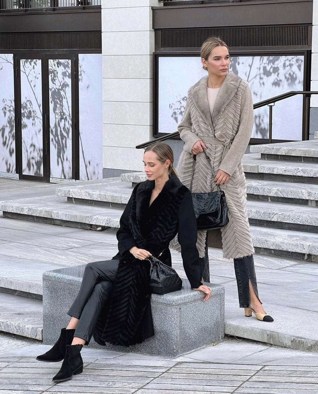 Genuine Mink Fur Rex Fur Trim Virgin Wool Coat in Beige - Energize Trek