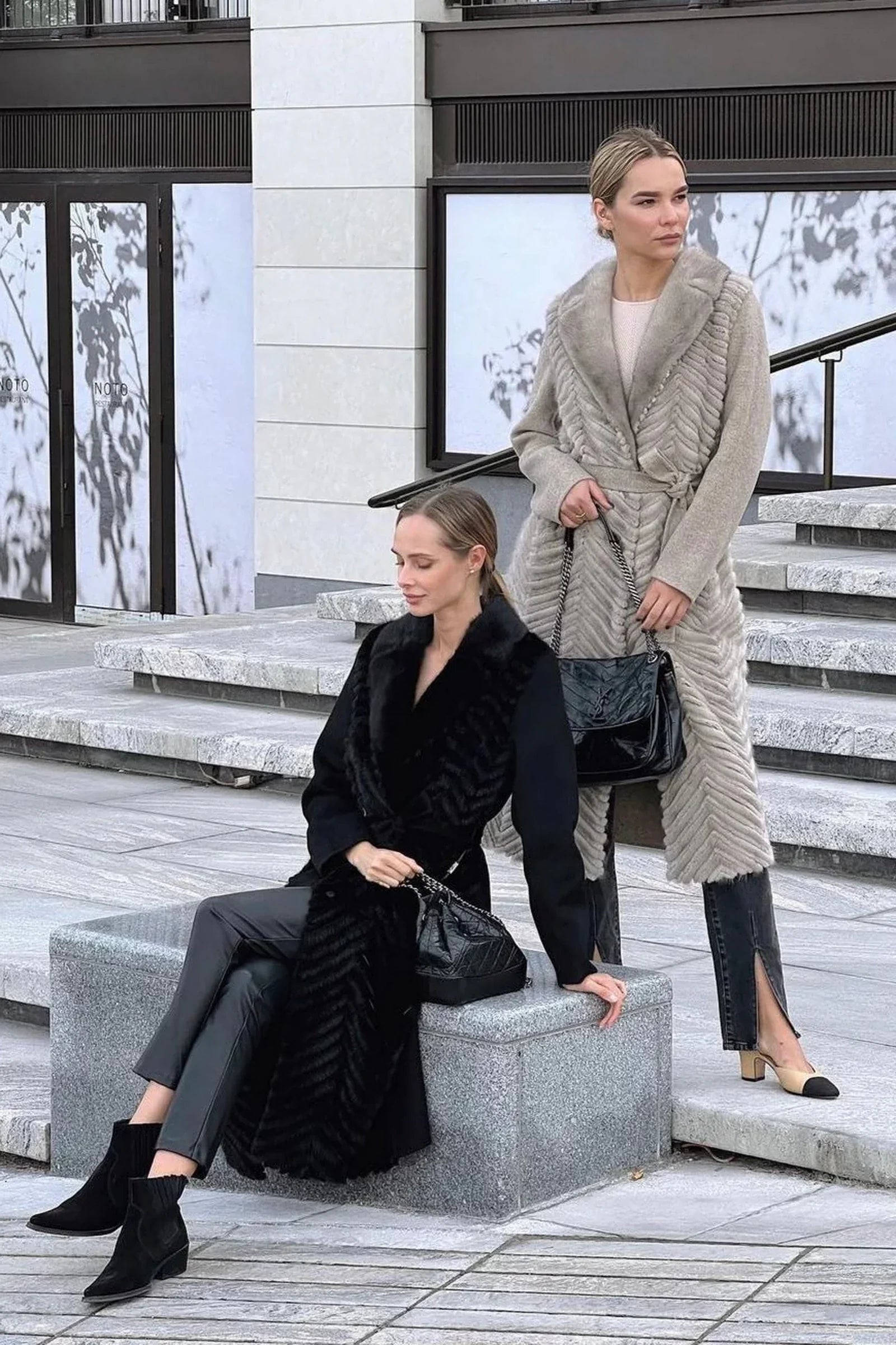 Genuine Mink Fur Rex Fur Trim Virgin Wool Coat in Beige - Energize Trek