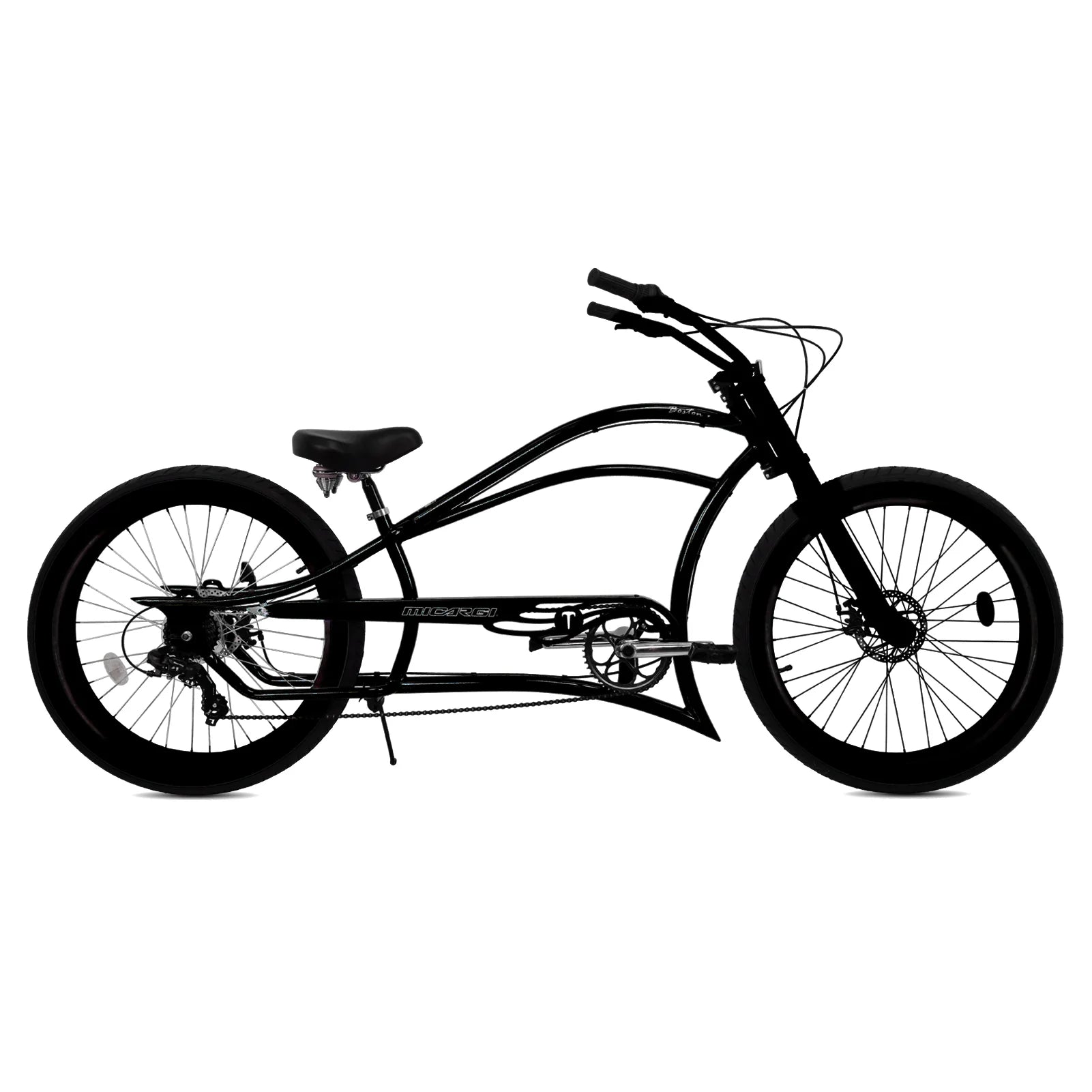 Micargi Boston 26” Chopper Cruiser Bikes, Stretch Steel Frame, Shimano 7-Speed Disc Brake Triple Tree Fork, HI RISE Handlebar , Alloy 3" Fat Black Rim 36H*13G Black Spokes, Fat Tire Black 26*4.0, - Energize Trek