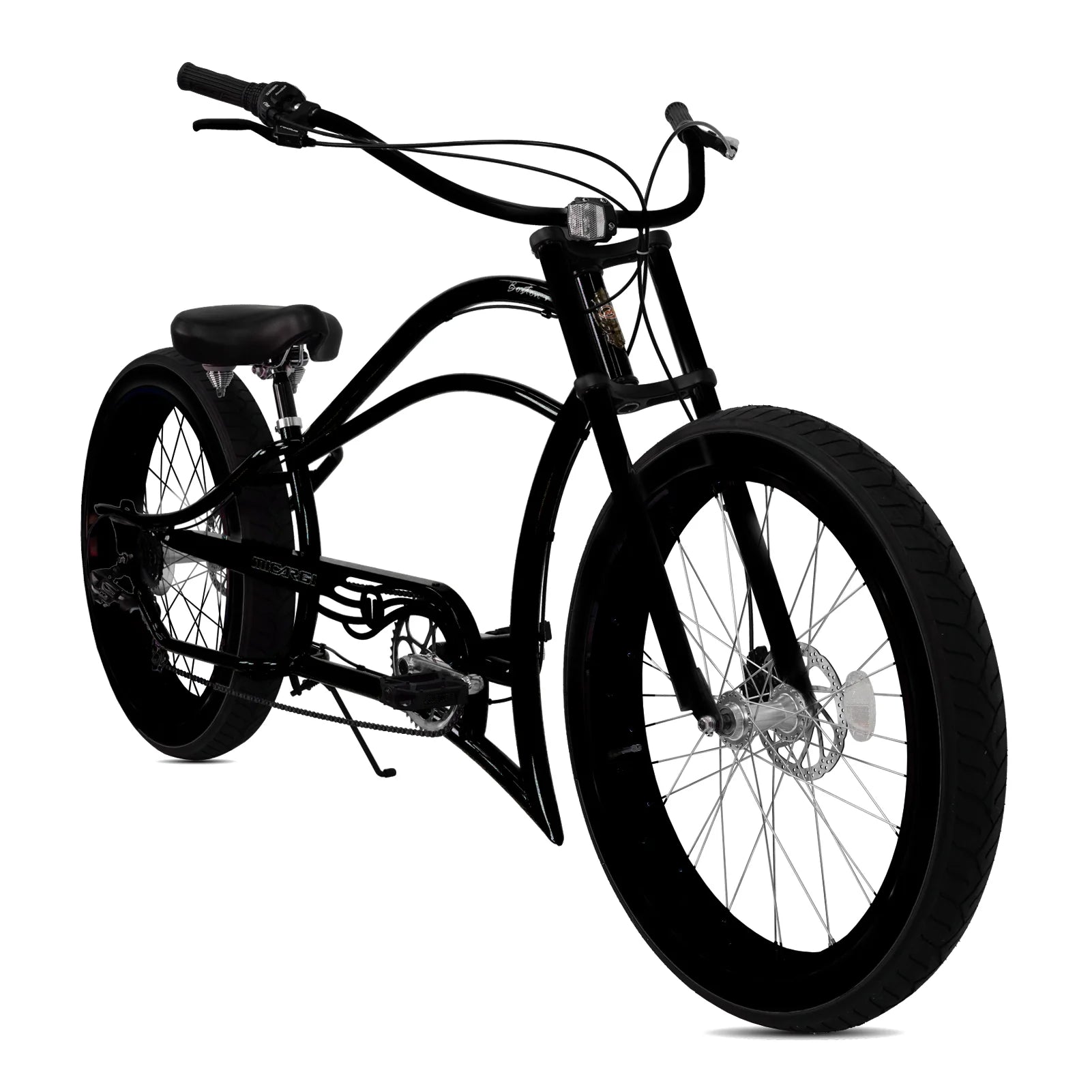 Micargi Boston 26” Chopper Cruiser Bikes, Stretch Steel Frame, Shimano 7-Speed Disc Brake Triple Tree Fork, HI RISE Handlebar , Alloy 3" Fat Black Rim 36H*13G Black Spokes, Fat Tire Black 26*4.0, - Energize Trek