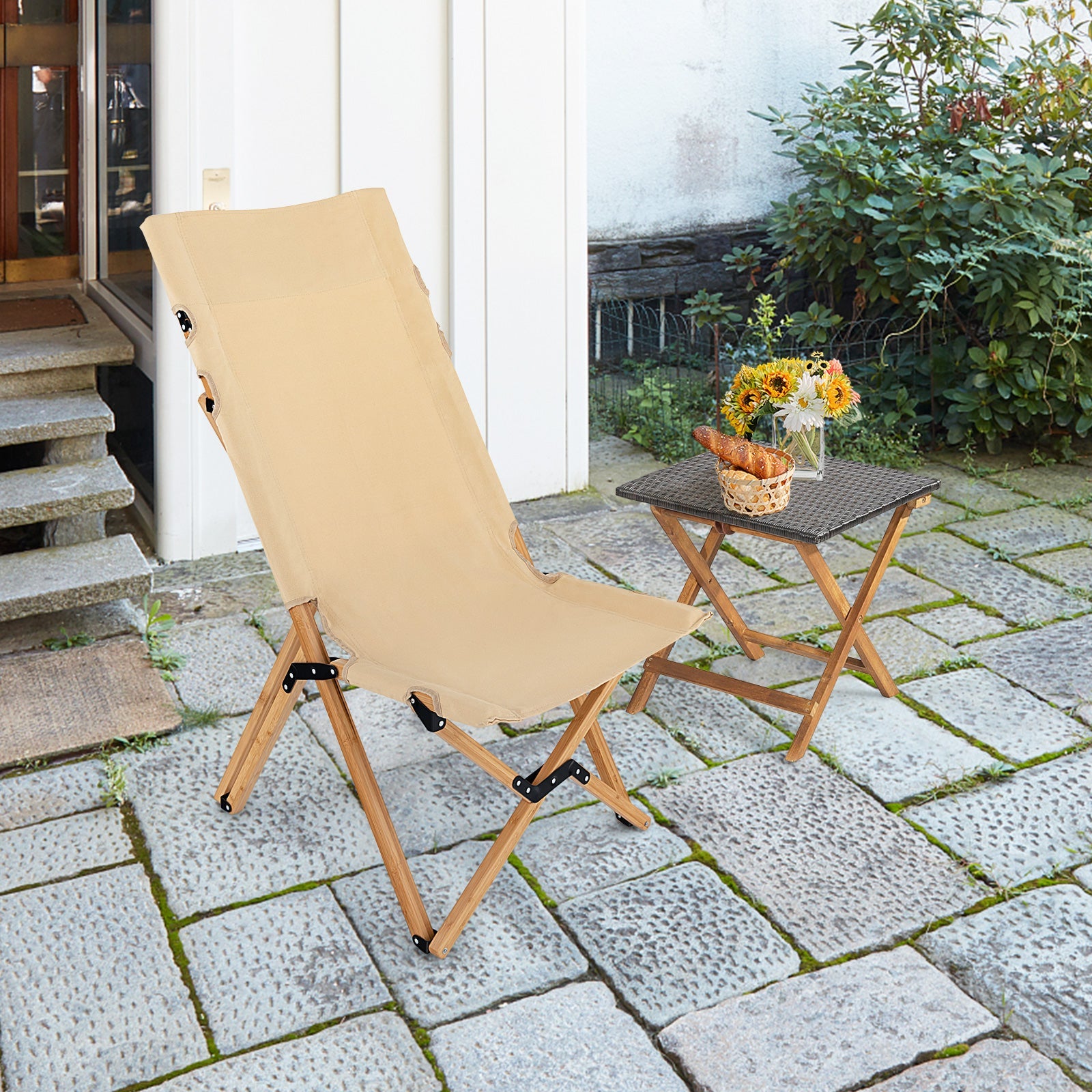 Bamboo Folding Camping Chair with 2-Level Adjustable Backrest-Natural - Energize Trek