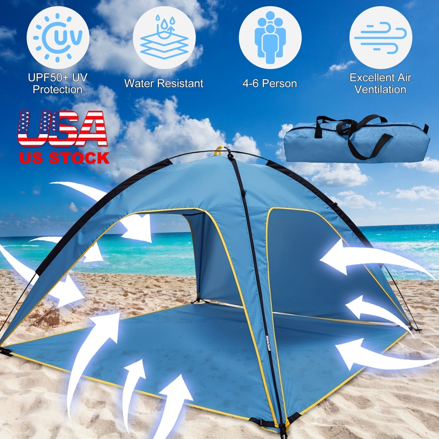 Beach Tent Outdoor Waterproof Tent Canopy for 4-6 Person with 3 Door Openings Carrying Bag UPF50+ Easy Setup for Beach Picnic Camping Hiking Adventure - Energize Trek