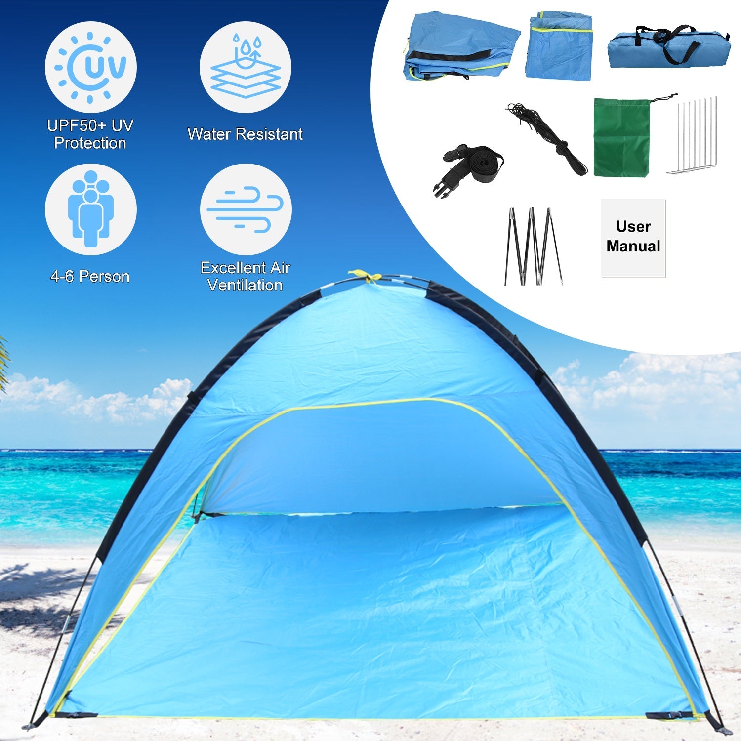 Beach Tent Outdoor Waterproof Tent Canopy for 4-6 Person with 3 Door Openings Carrying Bag UPF50+ Easy Setup for Beach Picnic Camping Hiking Adventure - Energize Trek