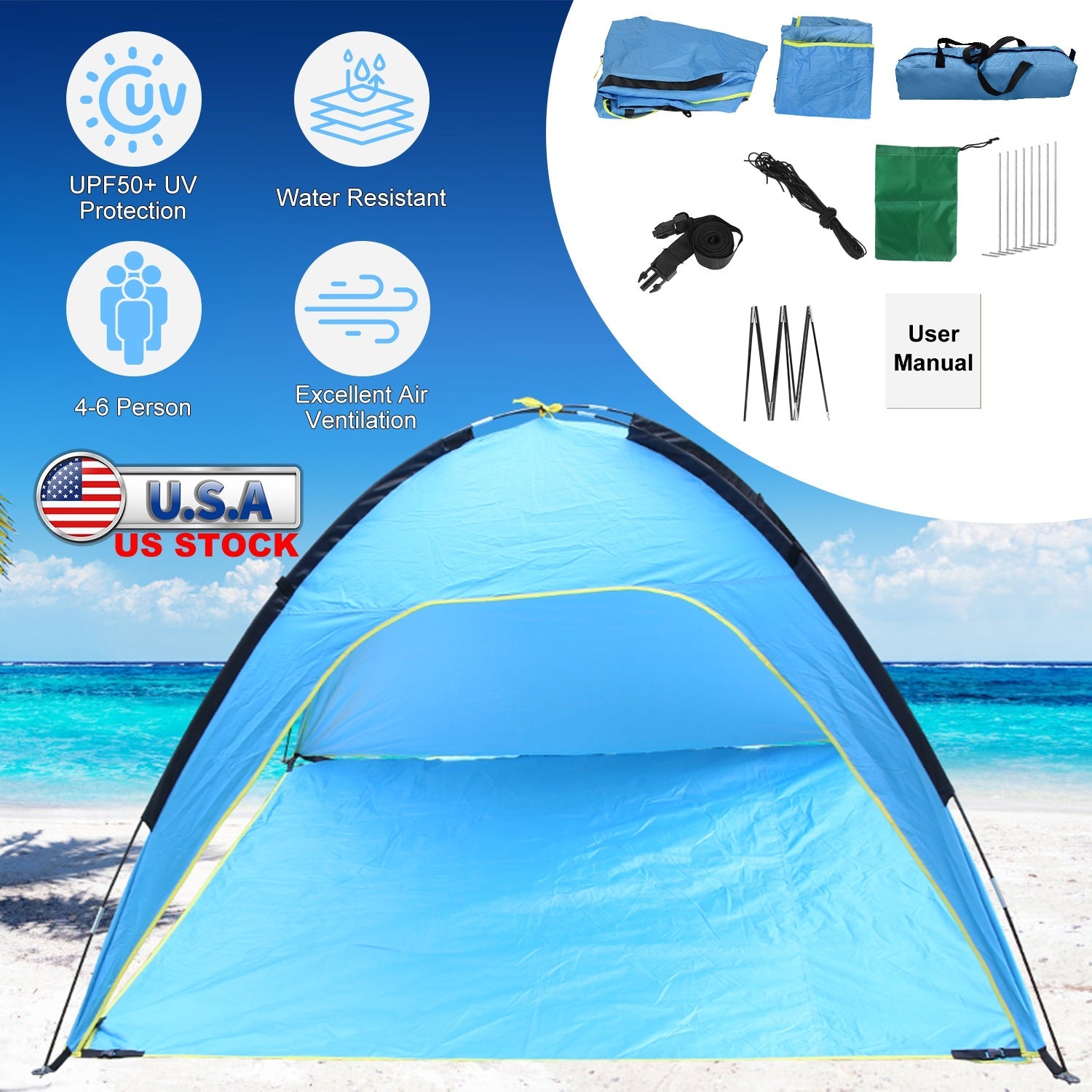 Beach Tent Outdoor Waterproof Tent Canopy for 4-6 Person with 3 Door Openings Carrying Bag UPF50+ Easy Setup for Beach Picnic Camping Hiking Adventure - Energize Trek