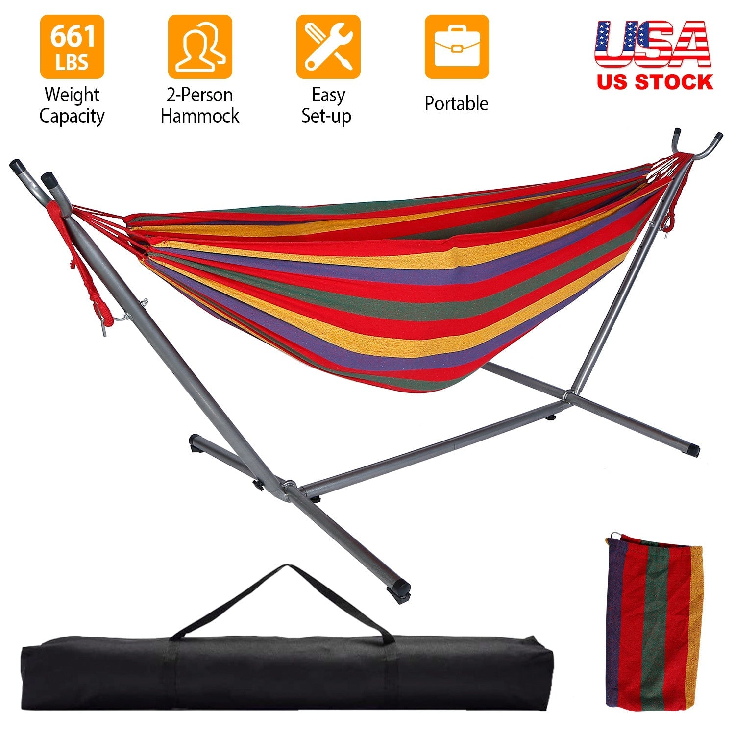 Brazilian Double Hammock 2-Person Steel Canvas Stand Hammock Bed w/ Portable Carrying Case For Patio Beach Yard 661 LBS Max Load - Energize Trek