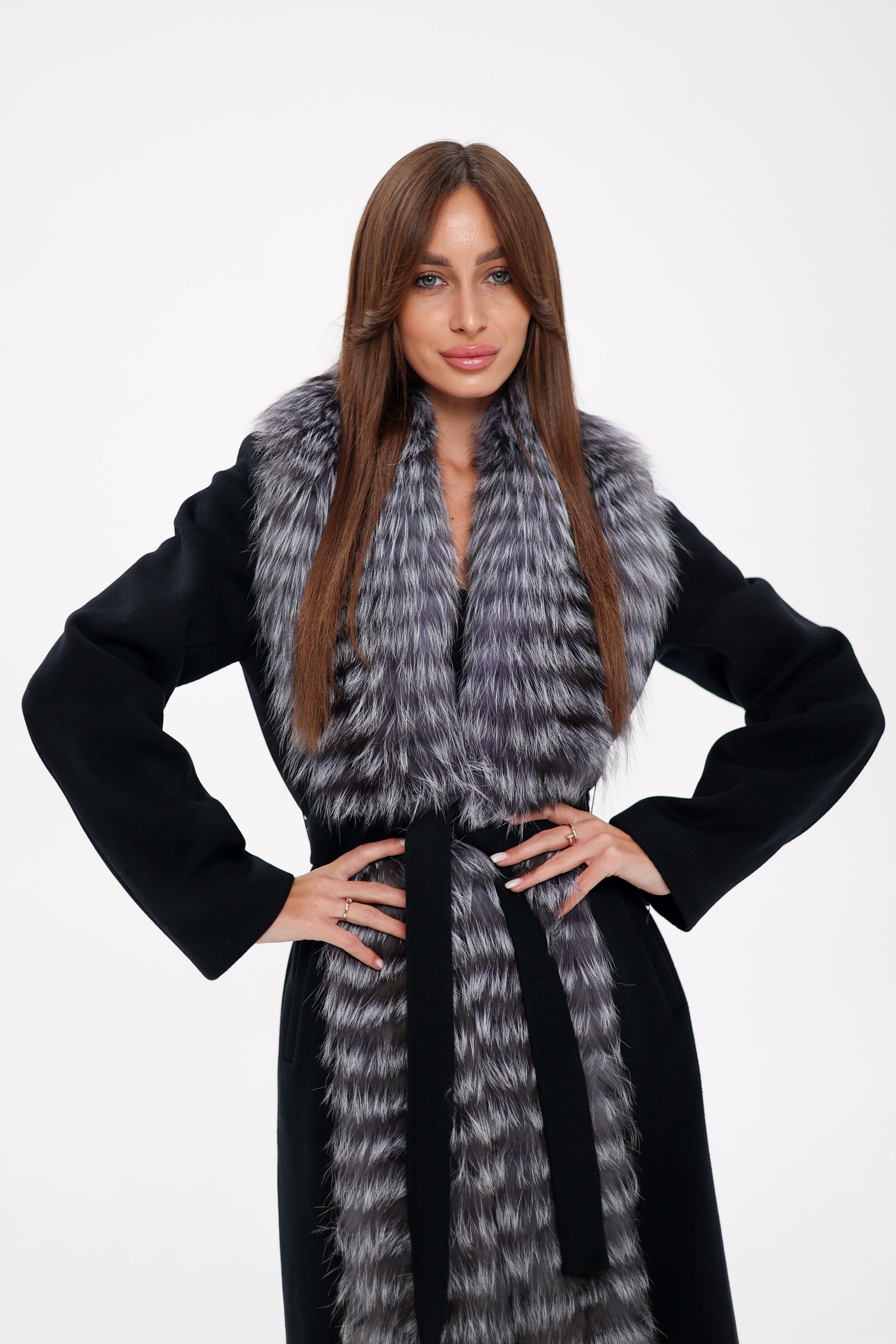Genuine Silver Fox Virgin Wool Wrap Coat in Black - Energize Trek