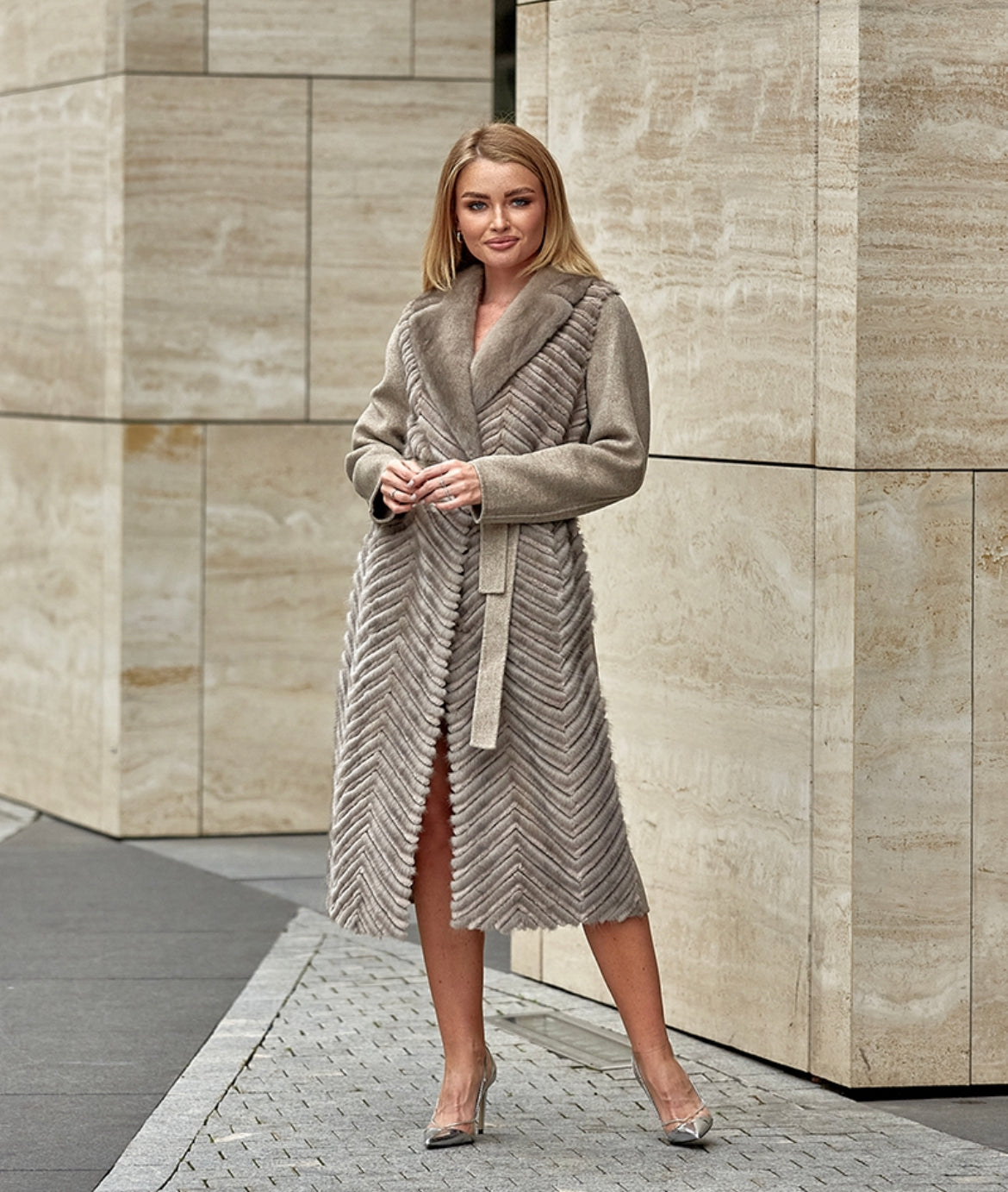 Genuine Mink Fur Rex Fur Trim Virgin Wool Coat in Beige - Energize Trek