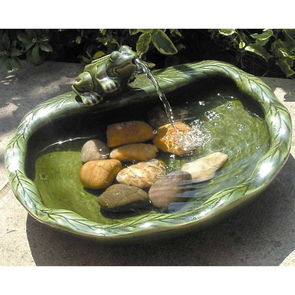 Green Glazed Ceramic Fountain Bird Bath with Frog and Solar Pump - Energize Trek