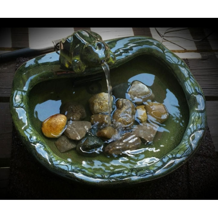 Green Glazed Ceramic Fountain Bird Bath with Frog and Solar Pump - Energize Trek