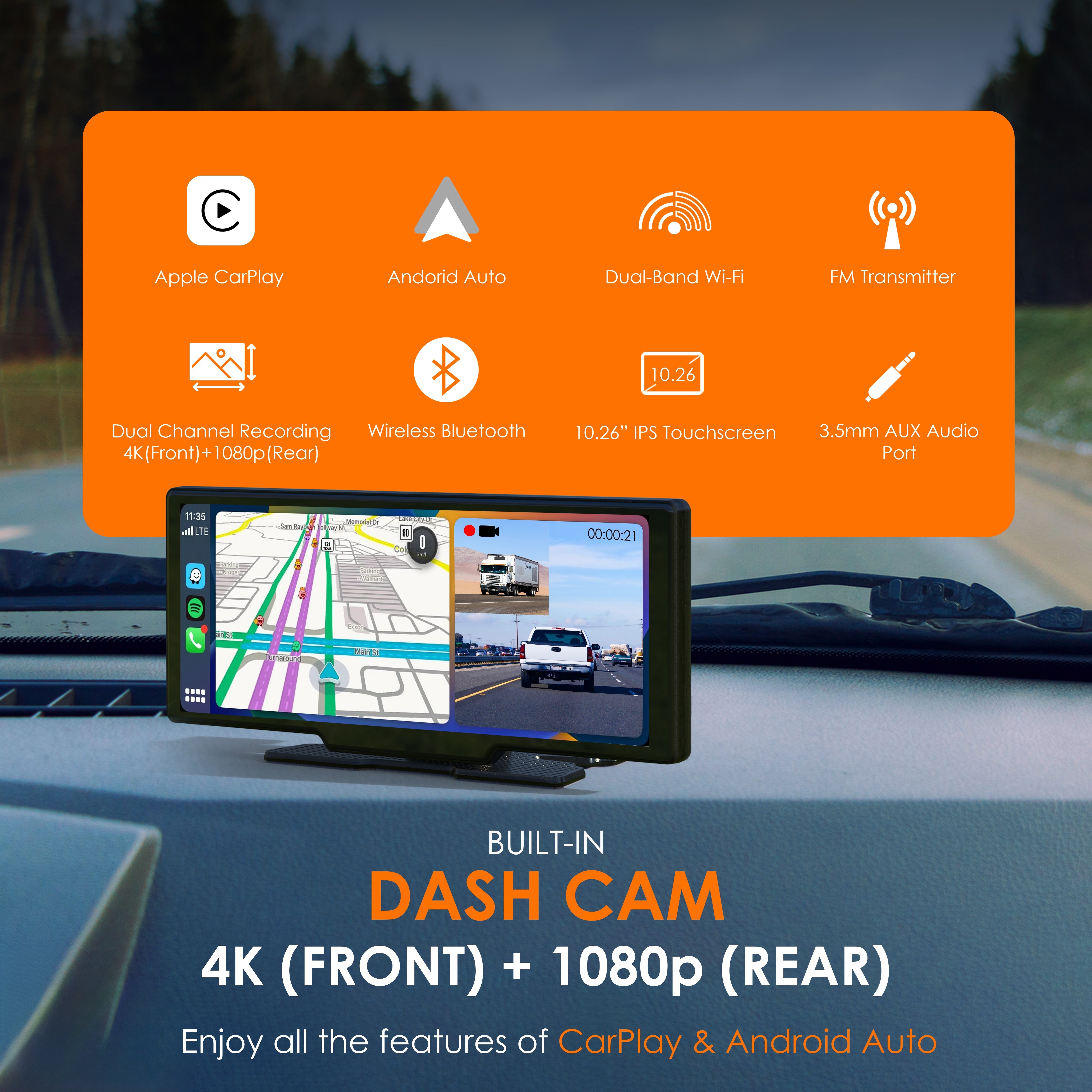 REXING CPDuo Pro – Wireless Apple CarPlay / Android Auto Receiver with 10.26-inch LCD Touchscreen - Energize Trek