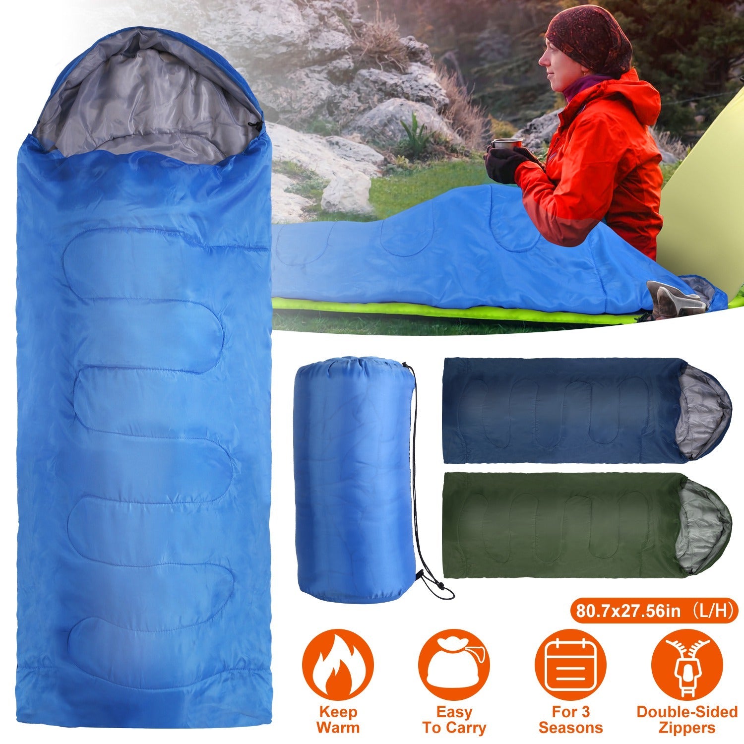 Camping Sleeping Bags for Adults Teens Moisture-Proof Hiking Sleep Bag with Carry Bag 32-50℉ for Spring Autumn Winter Seasons - Energize Trek