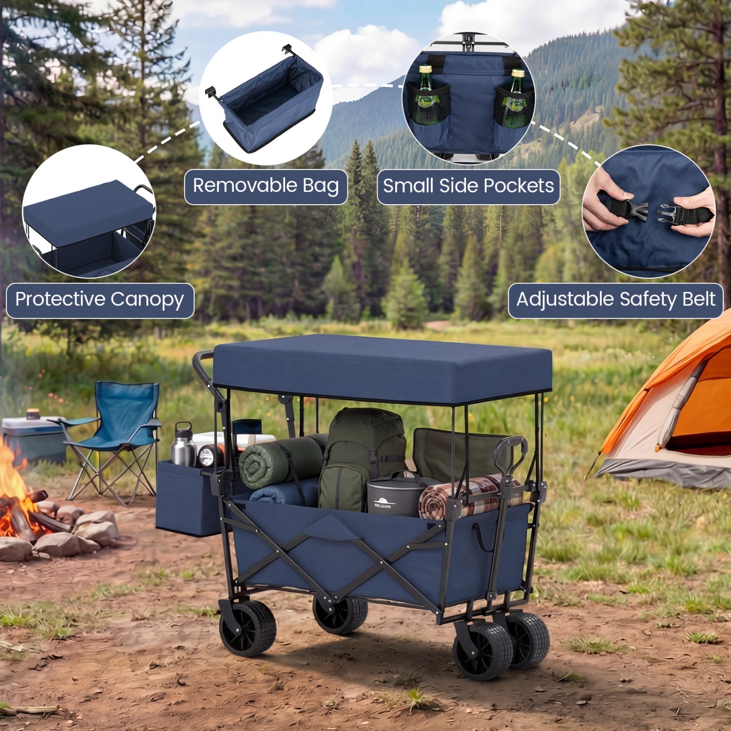 Collapsible Wagon with Removable Canopy and Detachable Storage Bag - Energize Trek