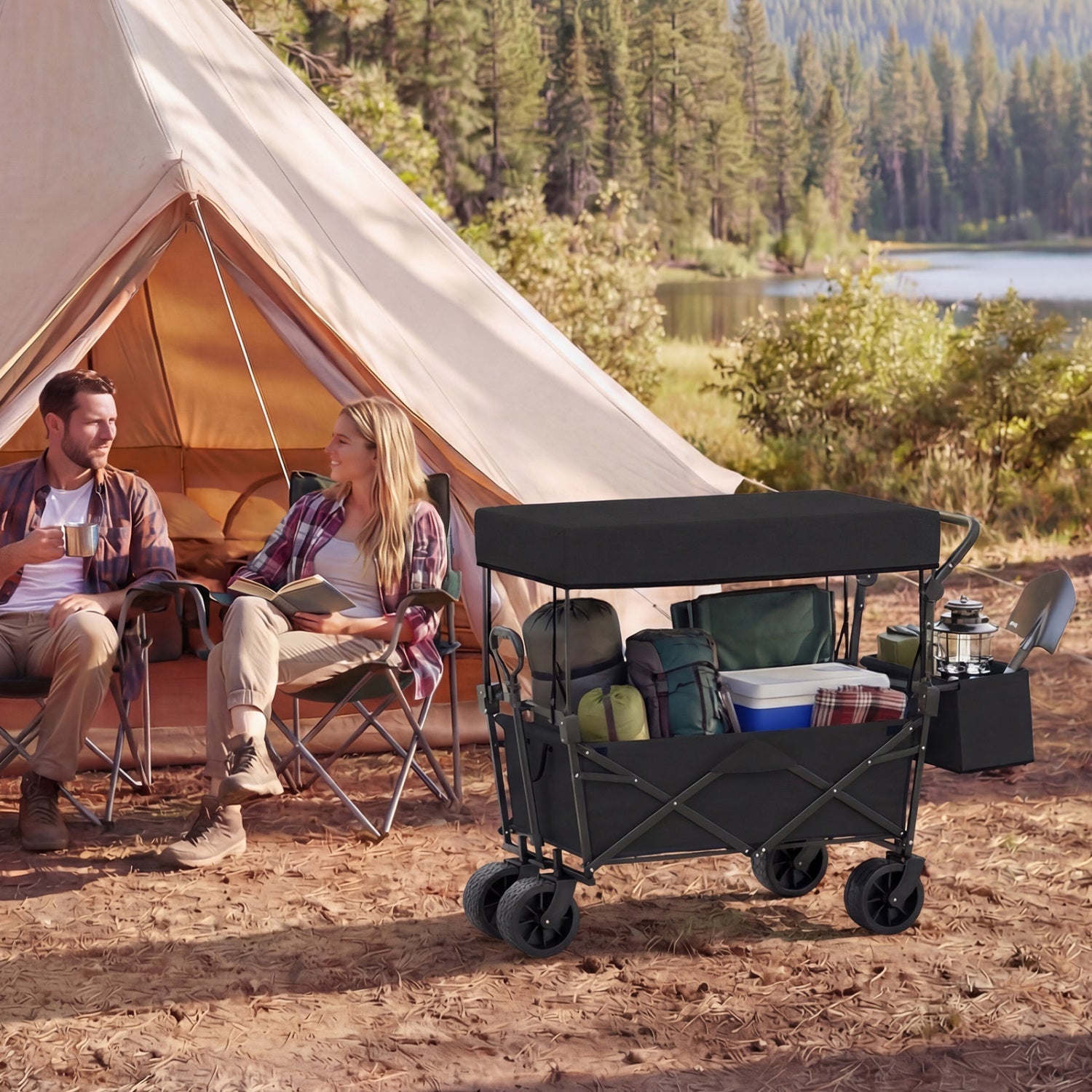 Collapsible Wagon with Removable Canopy and Detachable Storage Bag - Energize Trek