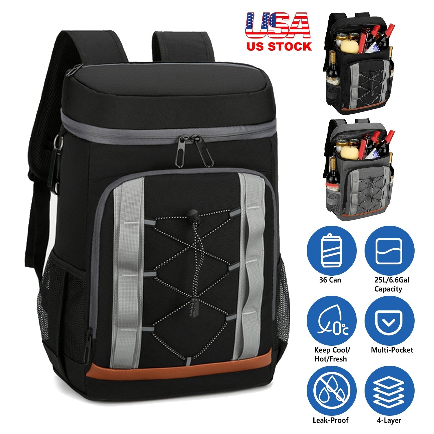 Cooler Backpack 36 Can Leakproof Insulated Cooler Backpack with 25L/6.6Gal for Picnic Camping Beach Hiking Fishing Travel - Energize Trek
