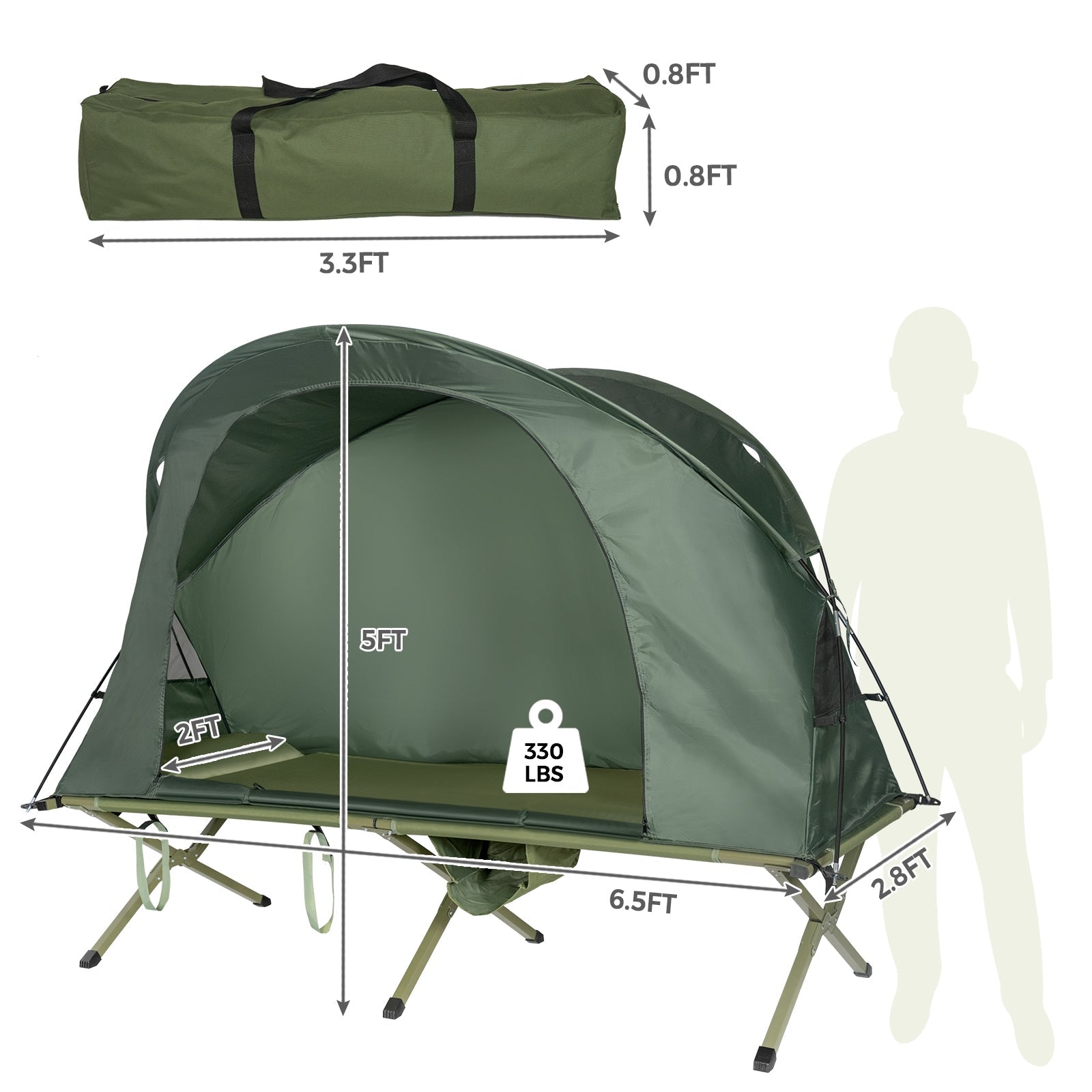 Cot Elevated Compact Tent Set with External Cover-Green - Energize Trek