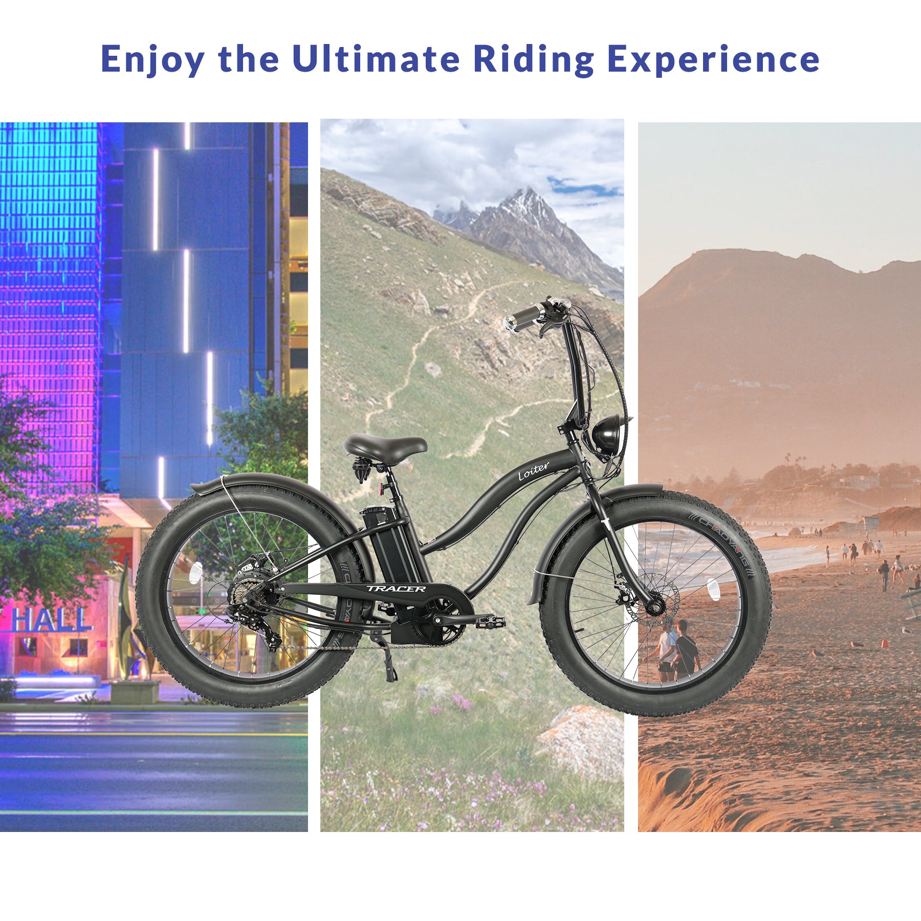 Tracer Loiter 26" Cruiser E-Bike Shimano 7-Speed Steel Frame Triple Tree Fork Disc Brake HANDLEBAR Steel Hi-Rise Hi15¡± W31.5¡±  Fat Black  Rims 3" 26x4.0 Tires Motor 800W Panasonic Lithium Battery 48V/17.5 Ah Li-ion Color: Blue 2299.00 - Energize Trek