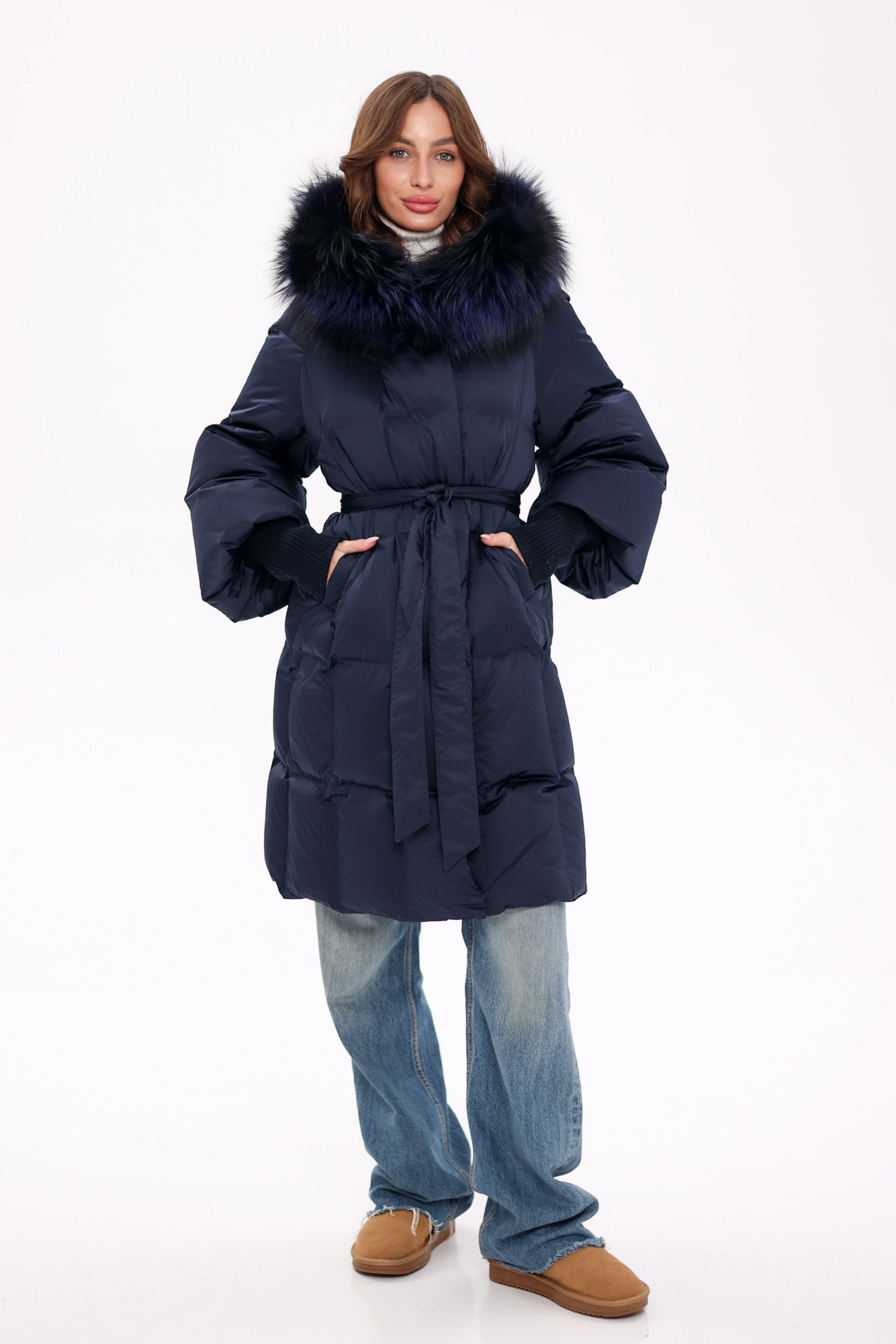 Genuine Fox Fur Trim Down Coat in Royal Blue - Energize Trek