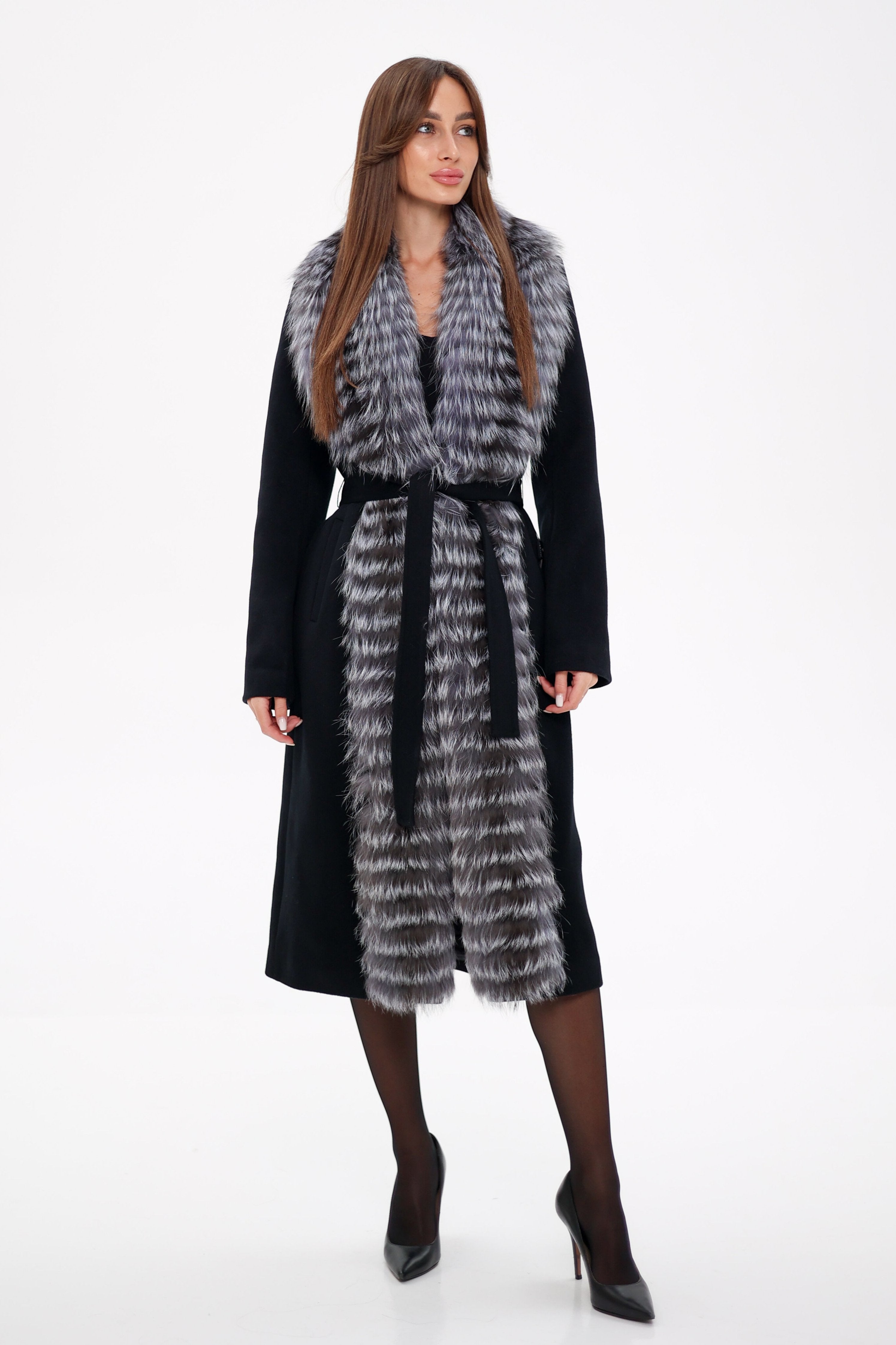Genuine Silver Fox Virgin Wool Wrap Coat in Black - Energize Trek
