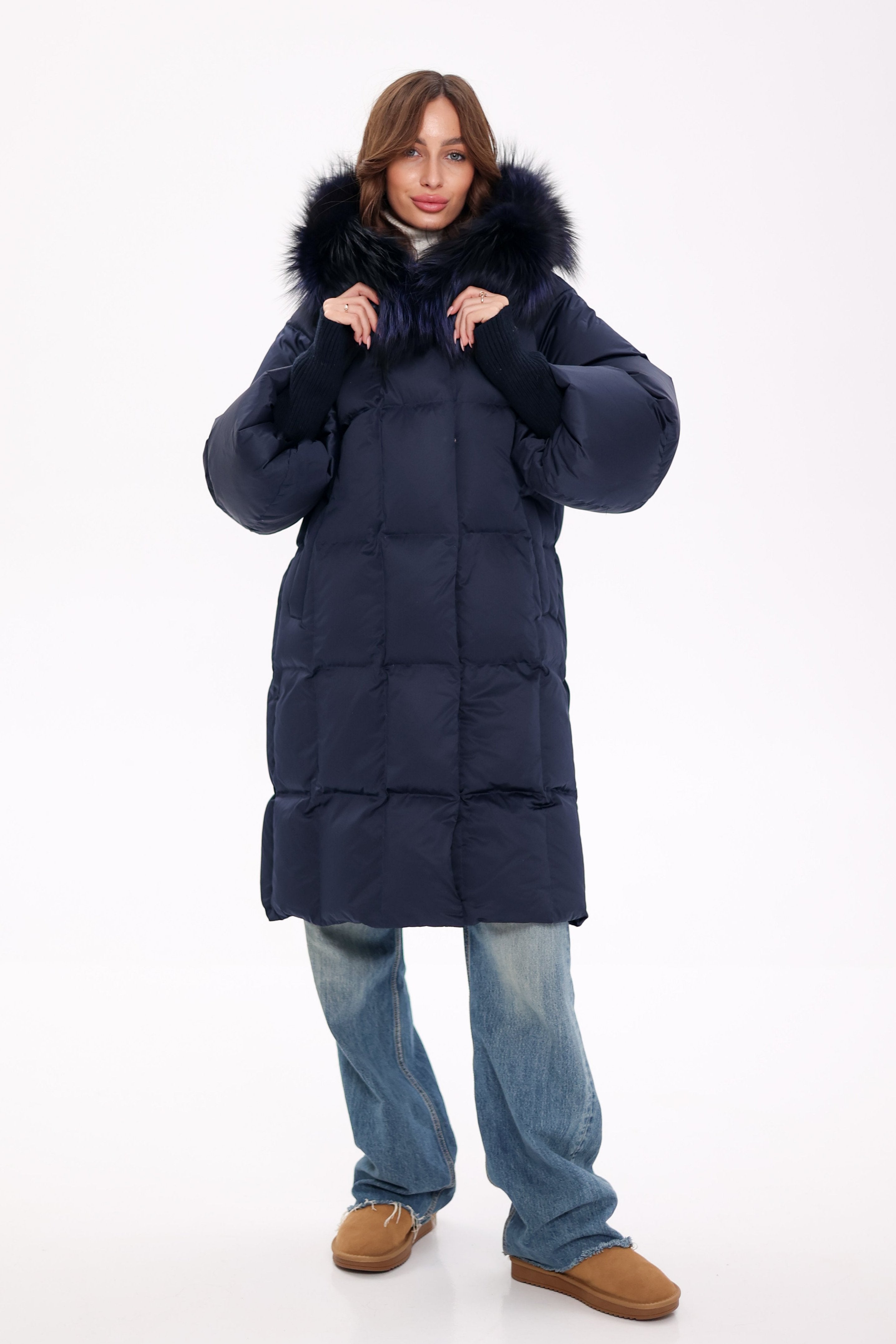 Genuine Fox Fur Trim Down Coat in Royal Blue - Energize Trek