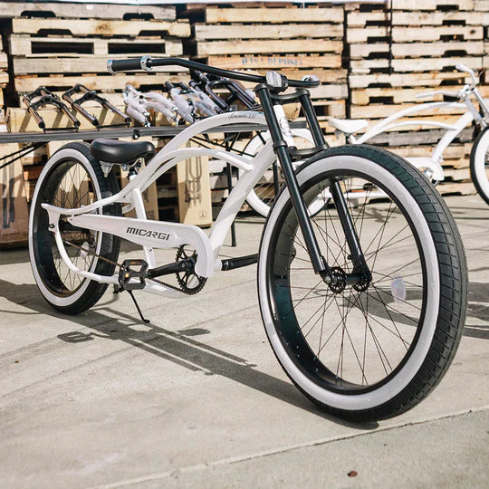 Micargi Bronco 26" Stretch Cruiser, Coaster Brake Single-Sp, Three Piece Black Crank, black Triple Tree Fork, Stem&Moon-Type handlebar, Alloy Black 26x80mm rims and black spokes/ F&R. 26x3.0 white wall tire, black saddle & seatpost - Energize Trek