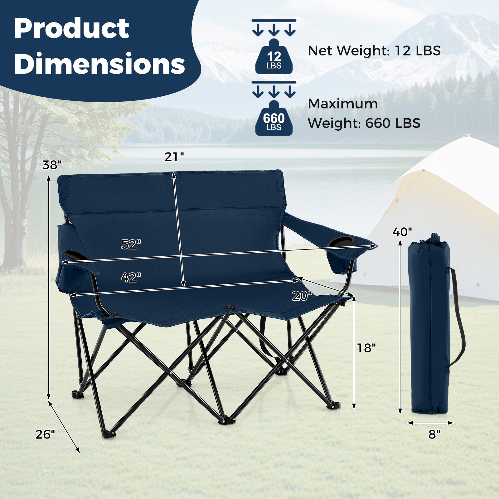 Double Camping Chair 2-Person Outdoor Folding Loveseat with Cup Holders - Energize Trek