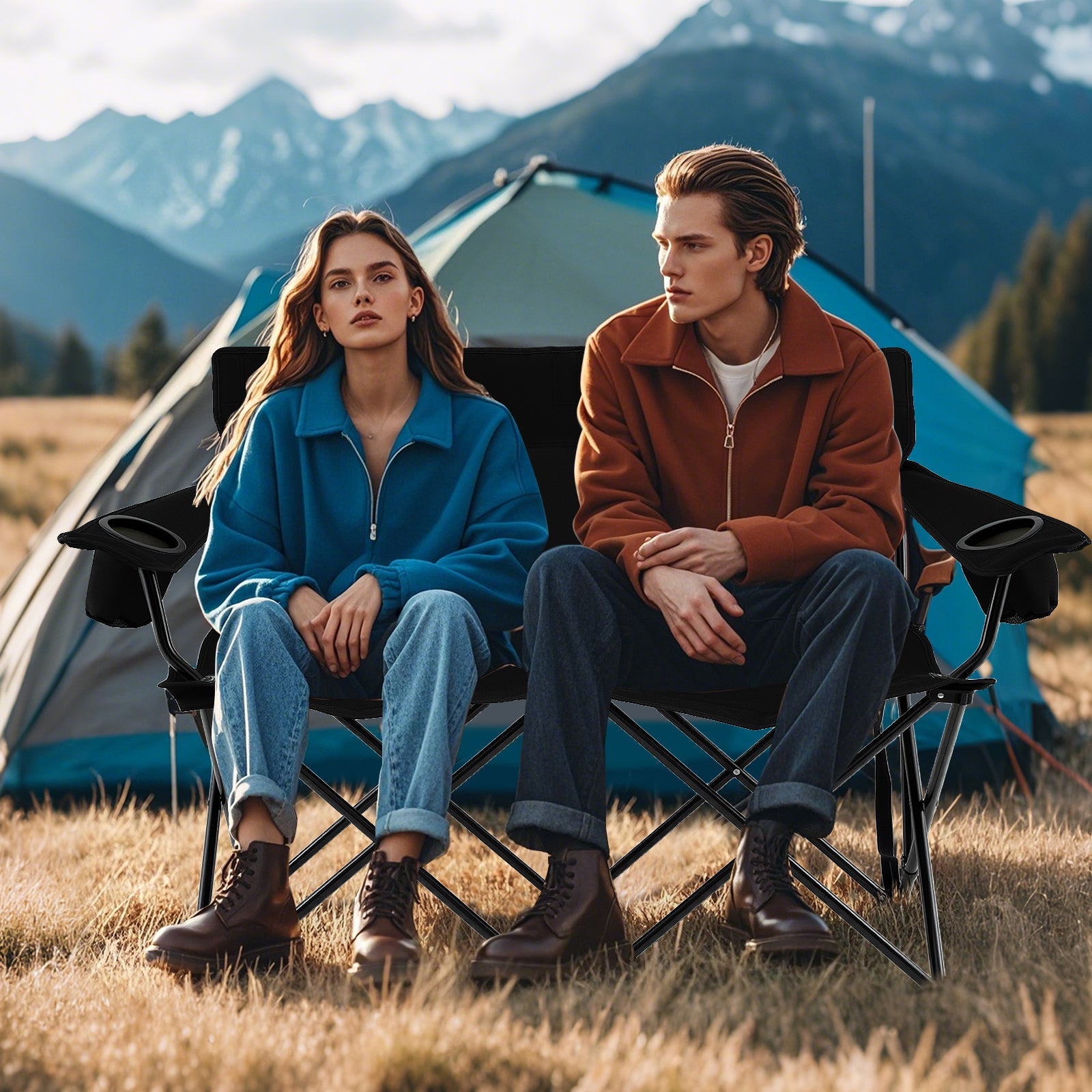 Double Camping Chair 2-Person Outdoor Folding Loveseat with Cup Holders - Energize Trek