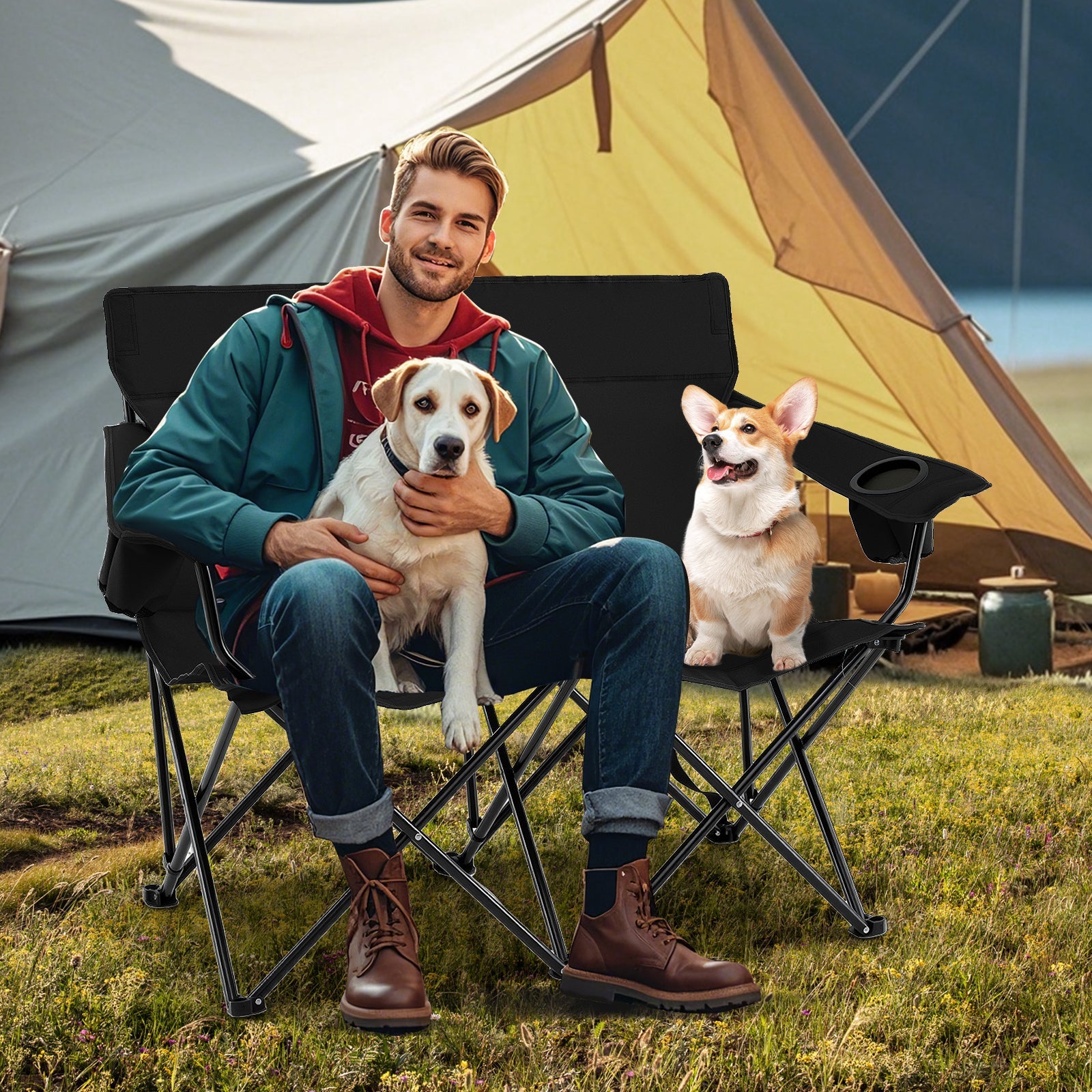 Double Camping Chair 2-Person Outdoor Folding Loveseat with Cup Holders - Energize Trek