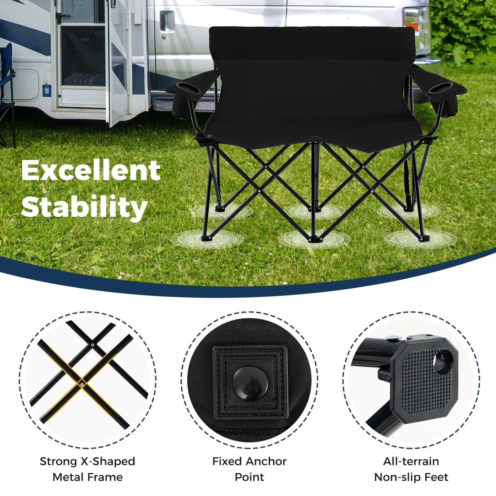 Double Camping Chair 2-Person Outdoor Folding Loveseat with Cup Holders - Energize Trek