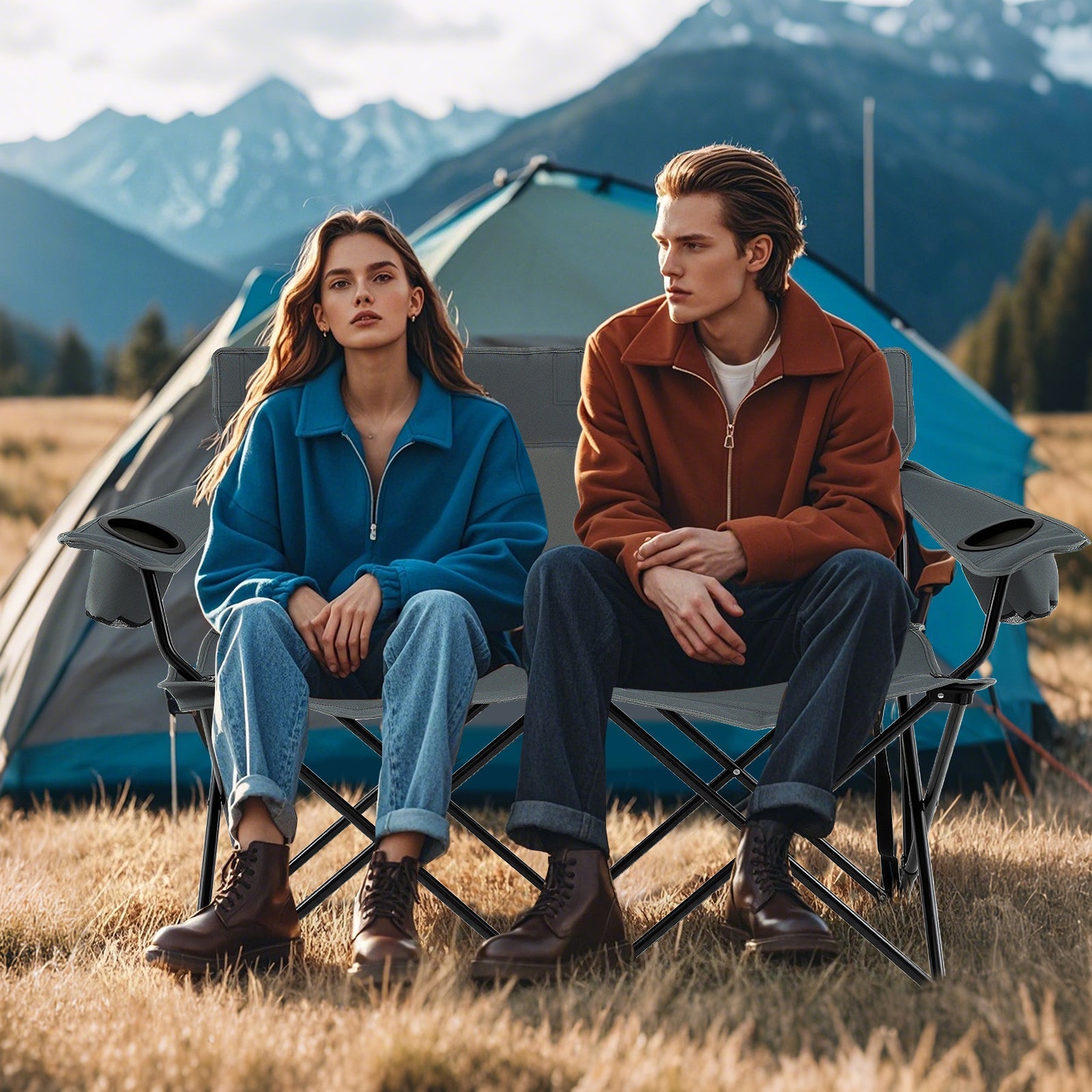 Double Camping Chair 2-Person Outdoor Folding Loveseat with Cup Holders - Energize Trek