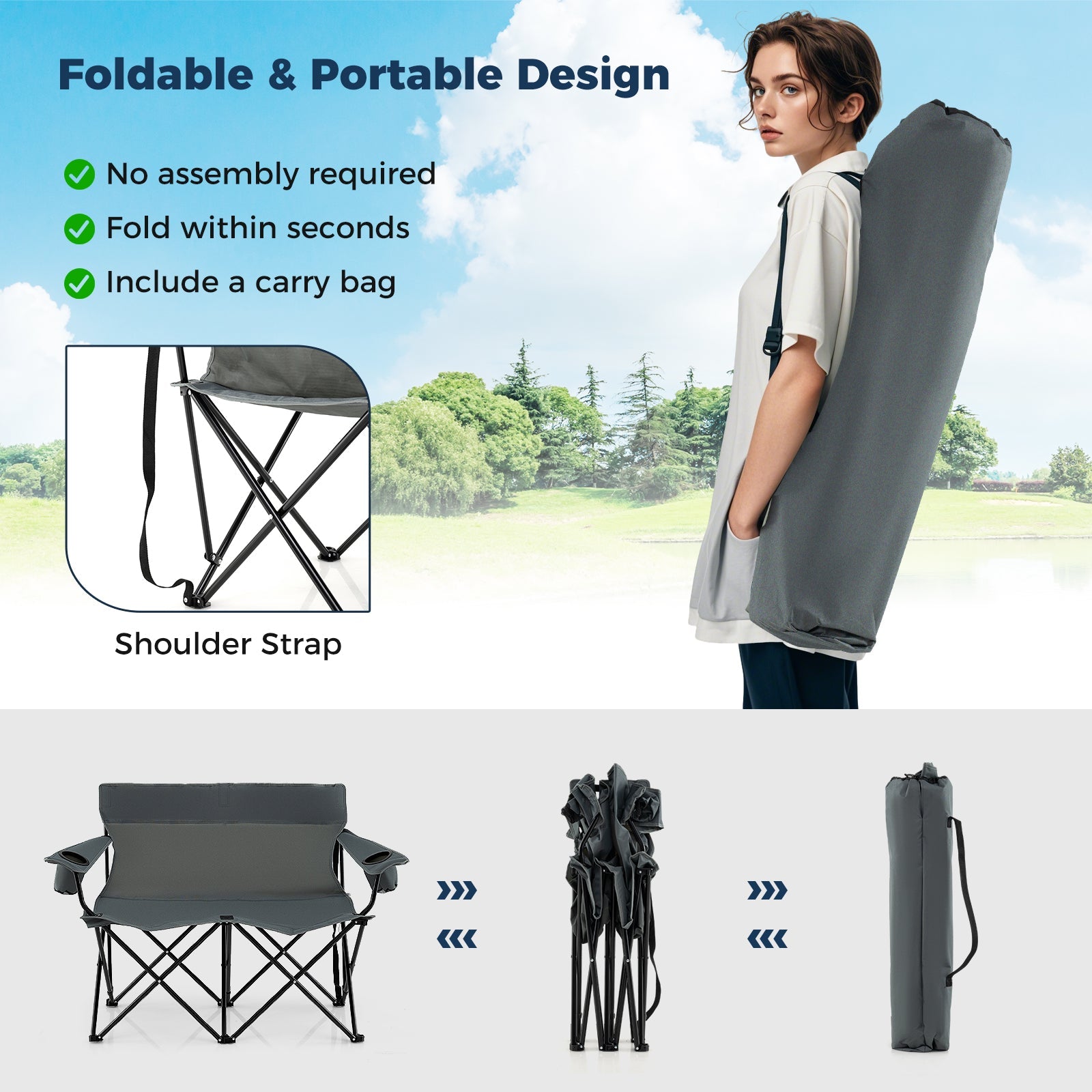 Double Camping Chair 2-Person Outdoor Folding Loveseat with Cup Holders - Energize Trek