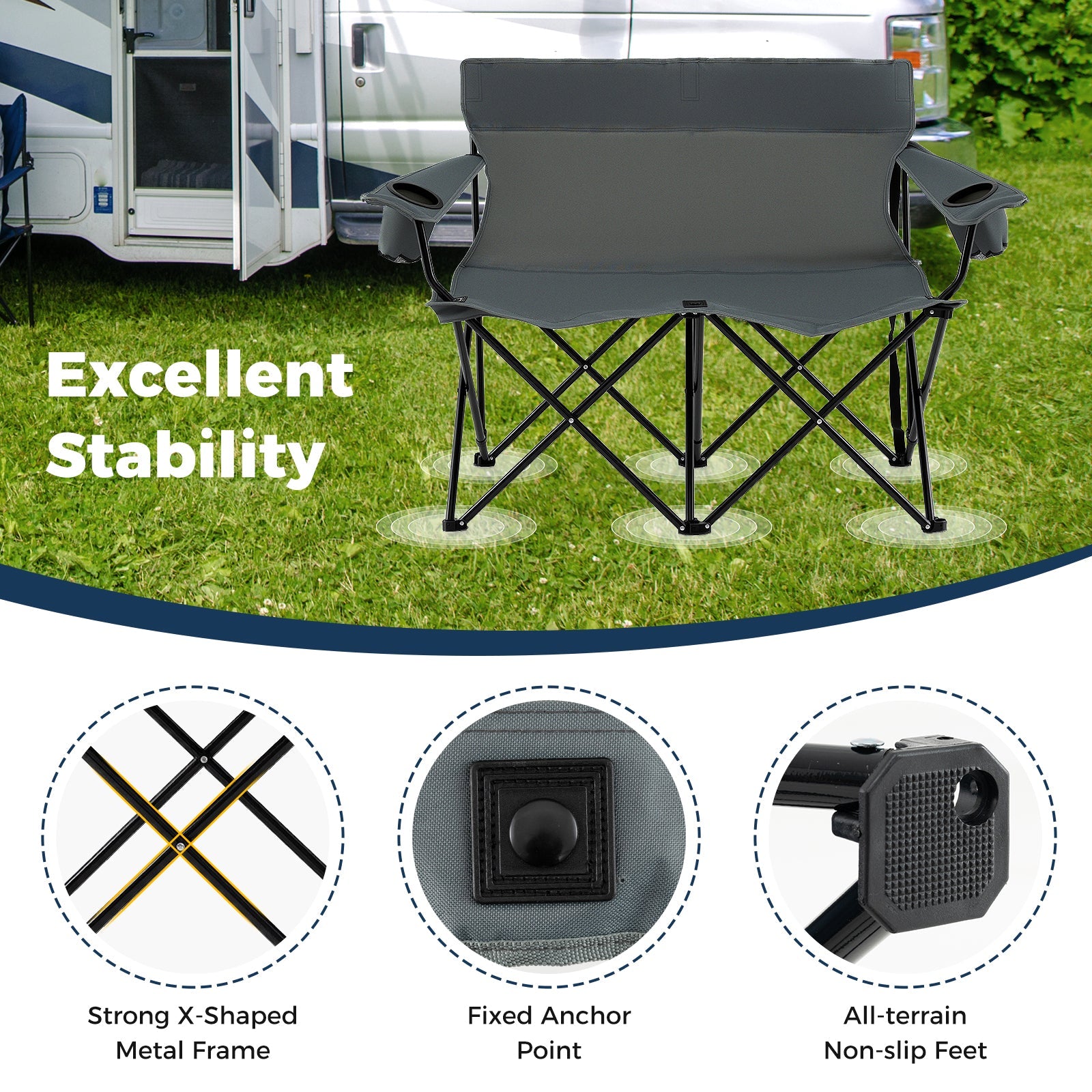 Double Camping Chair 2-Person Outdoor Folding Loveseat with Cup Holders - Energize Trek