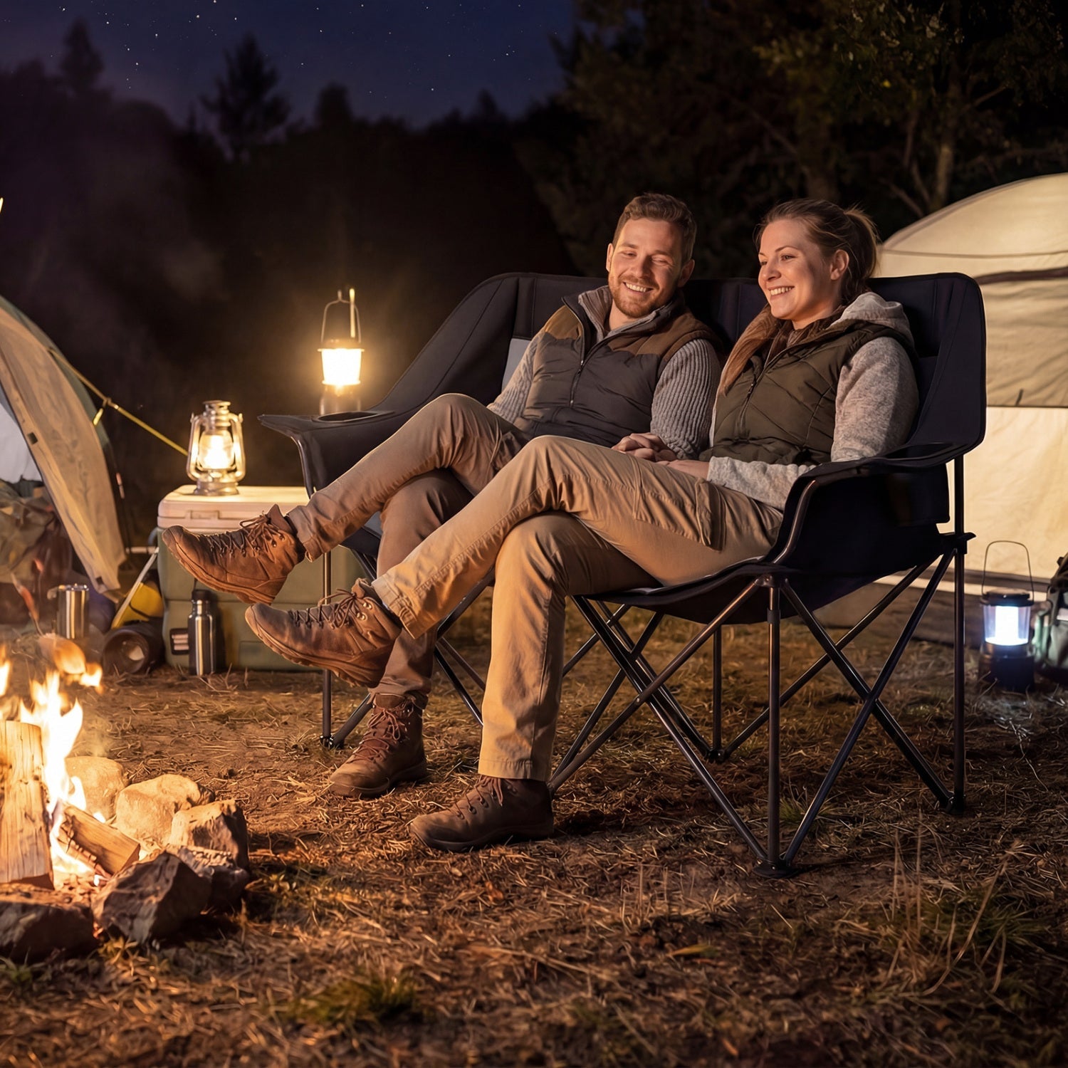 Double Camping Chair with Cup Holders Glass Racks and Mesh Pockets - Energize Trek