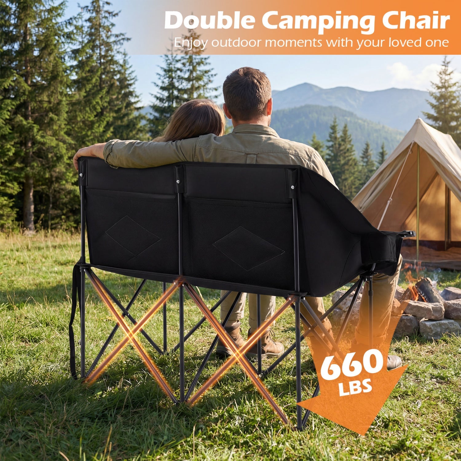 Double Camping Chair with Cup Holders Glass Racks and Mesh Pockets - Energize Trek