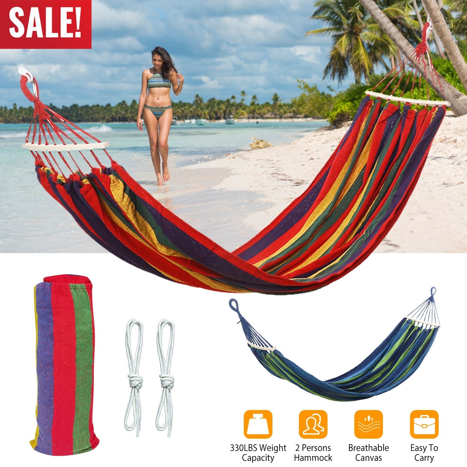 Double Hammock 2 Person Canvas Hanging Hammock Swing Bed with Carrying Bag Hold 330LBS for Camping Travel Beach - Energize Trek