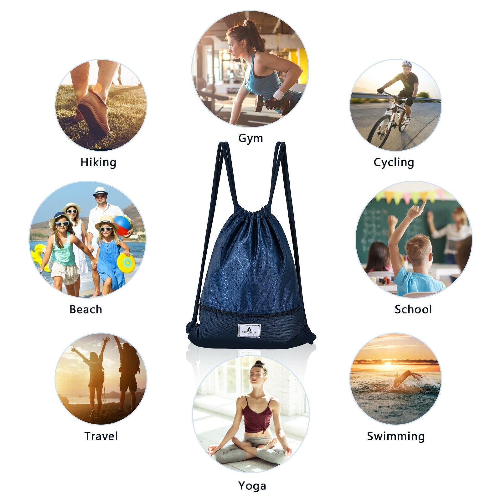 Drawstring Backpack String Bag Foldable Sports Sack with Zipper Pocket - Energize Trek