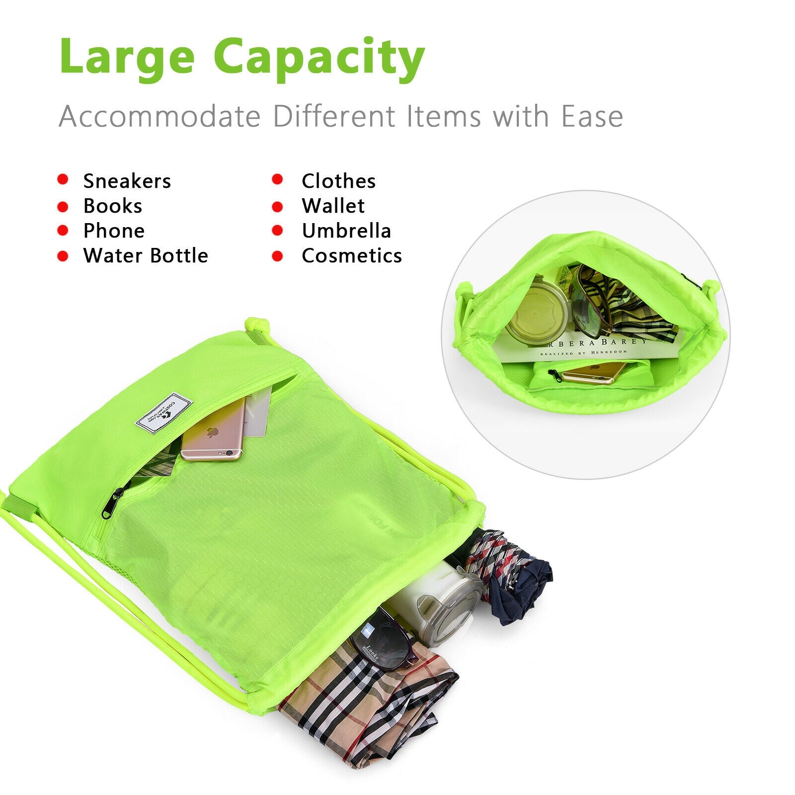 Drawstring Backpack String Bag Foldable Sports Sack with Zipper Pocket - Energize Trek
