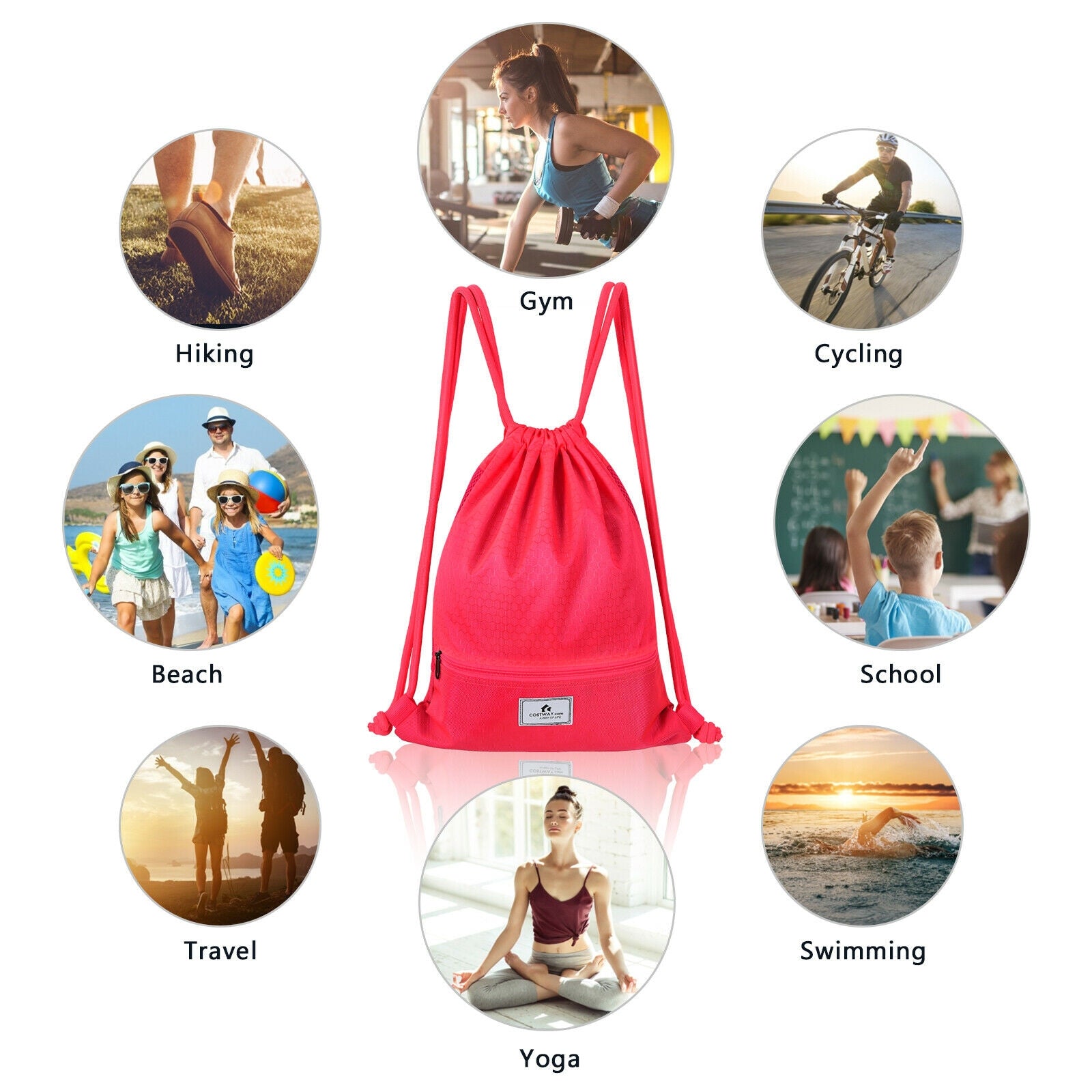 Drawstring Backpack String Bag Foldable Sports Sack with Zipper Pocket - Energize Trek