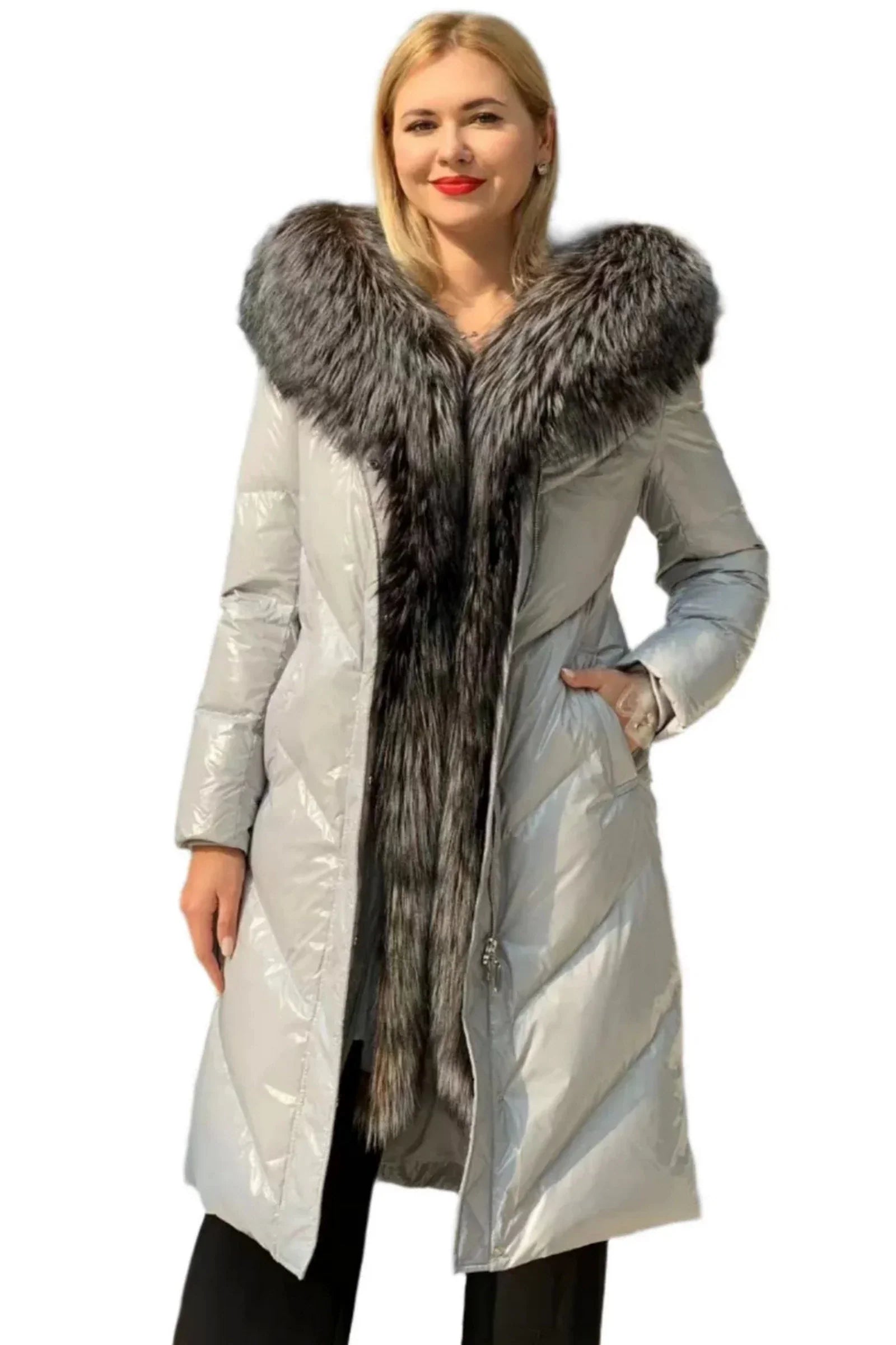 Genuine Silver Fox Fur Belted Parka Coat - Energize Trek