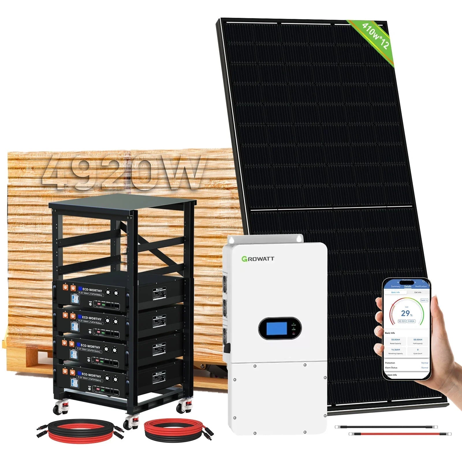 ECO-WORTHY Home Hybrid Solar Power System: 10KW GROWATT 120V/240V Output+ 20.48kWh Lithium Battery (4*48v 100Ah)+ 4920W Solar Panel (12*410W) - Energize Trek