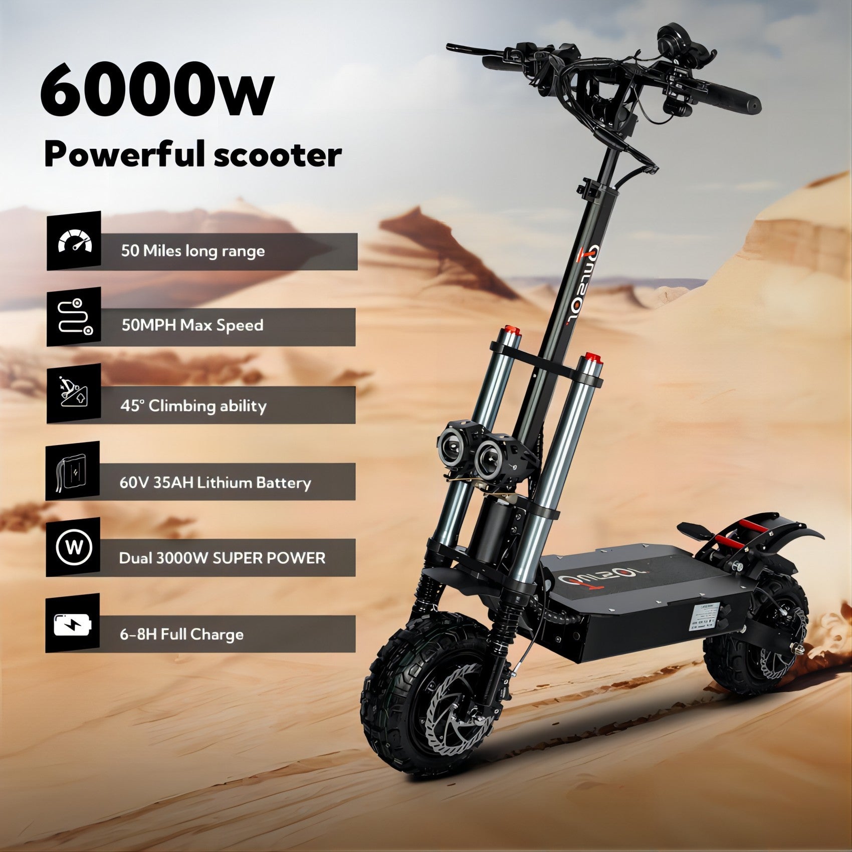 Electric Scooter With Seat, 6000W Power Dual Motor Top Speed 50MPH 60V 35Ah Battery 50 Miles Range, 11 Inch Off-Road Tires For Street Commuting And Limit Offroad - Energize Trek