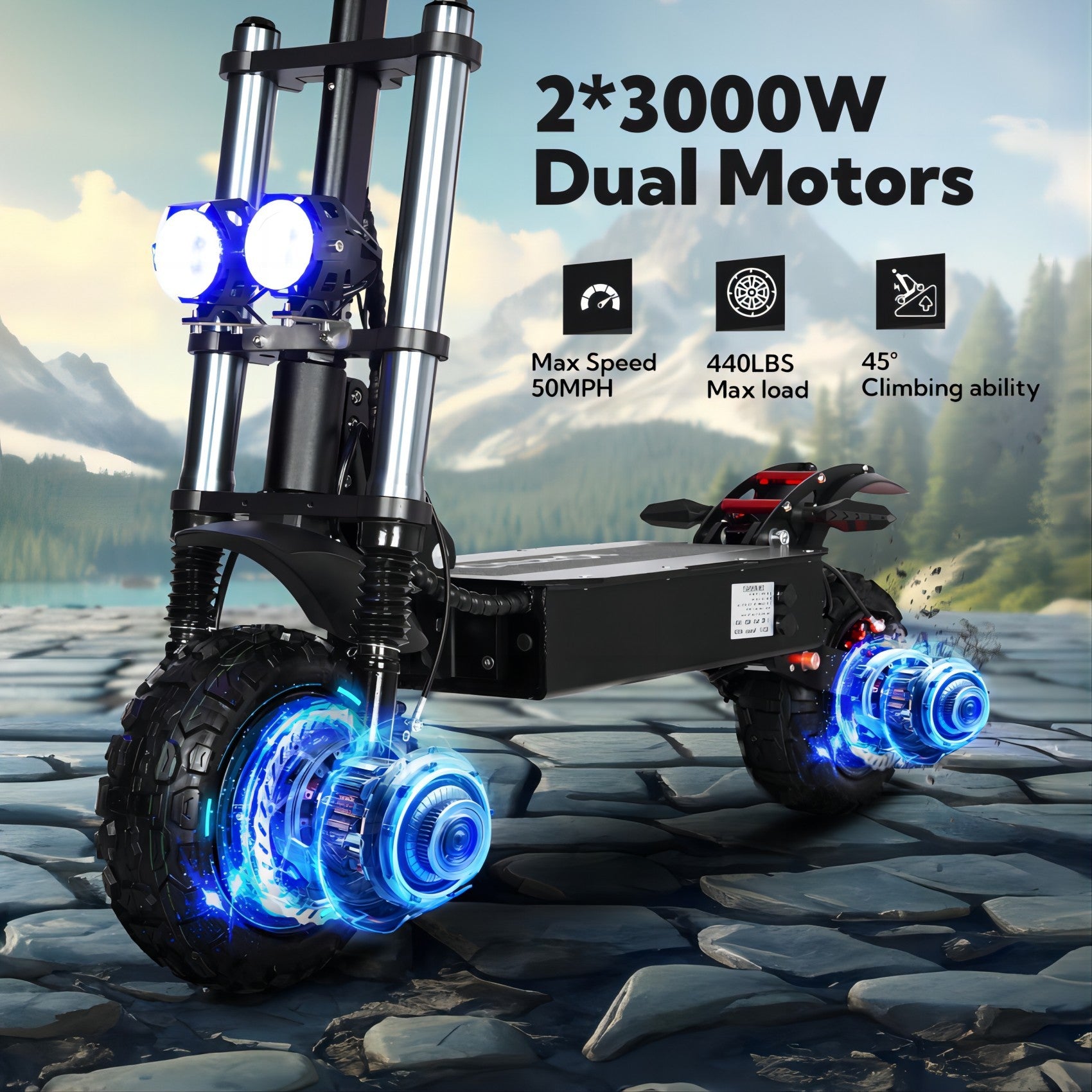 Electric Scooter With Seat, 6000W Power Dual Motor Top Speed 50MPH 60V 35Ah Battery 50 Miles Range, 11 Inch Off-Road Tires For Street Commuting And Limit Offroad - Energize Trek