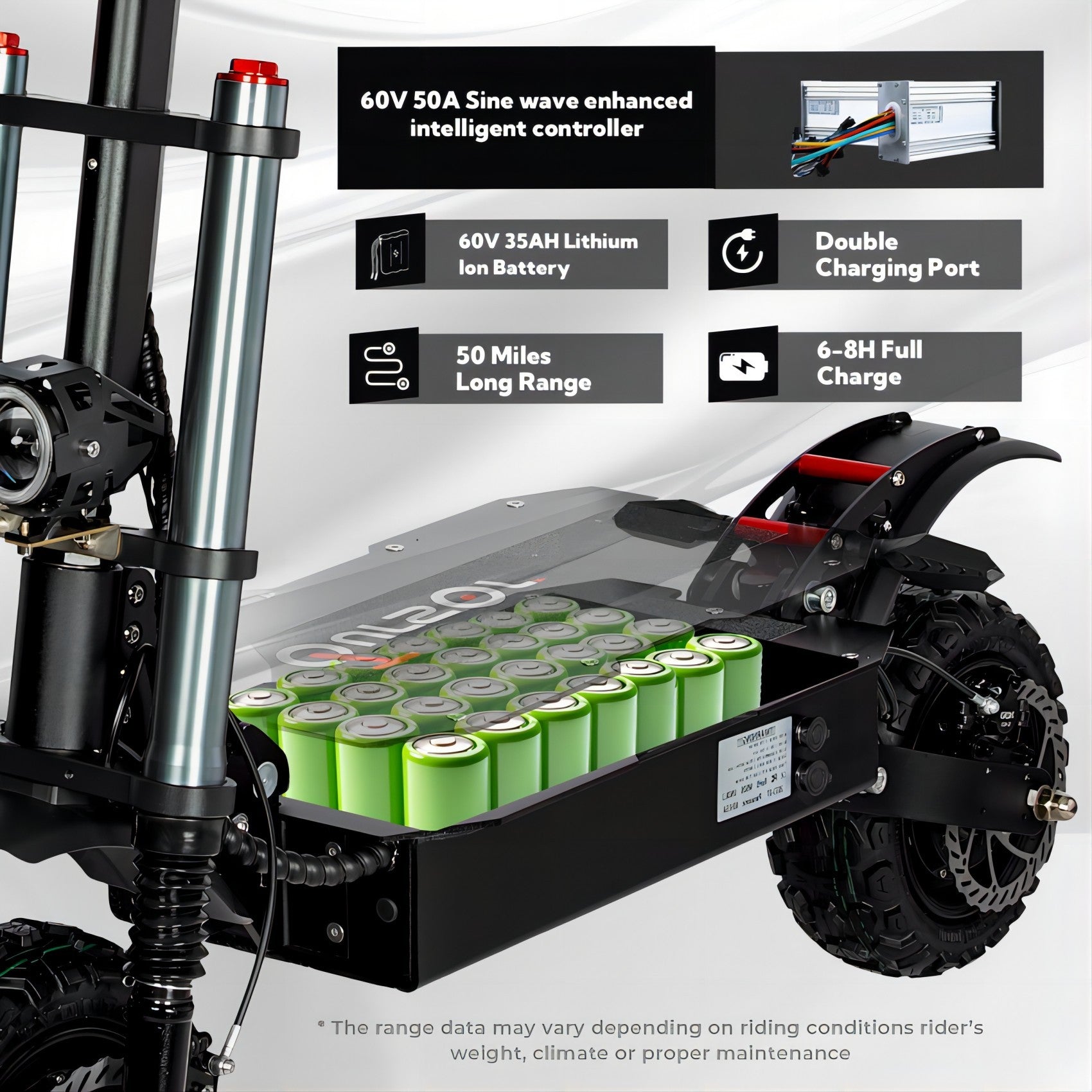 Electric Scooter With Seat, 6000W Power Dual Motor Top Speed 50MPH 60V 35Ah Battery 50 Miles Range, 11 Inch Off-Road Tires For Street Commuting And Limit Offroad - Energize Trek