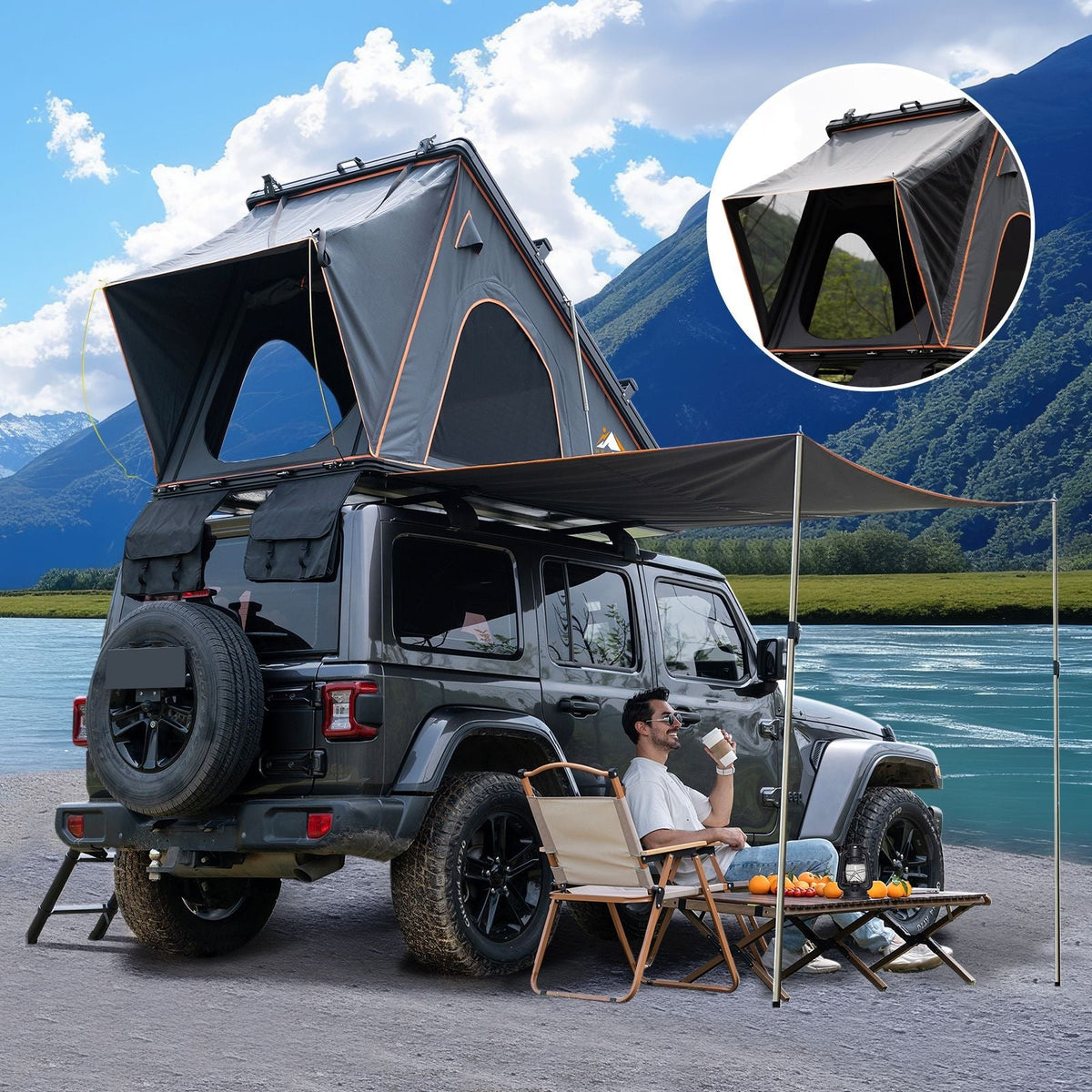 Explorer Plus Rooftop Tent Hardshell with Side Awning, Air Conditioner Outlet with Bracket, Luggage Racks&Replaceable Netting Rain Curtain, Truck Bed Tent for Camping, Pop Up SUV Roof Top Tent - Energize Trek