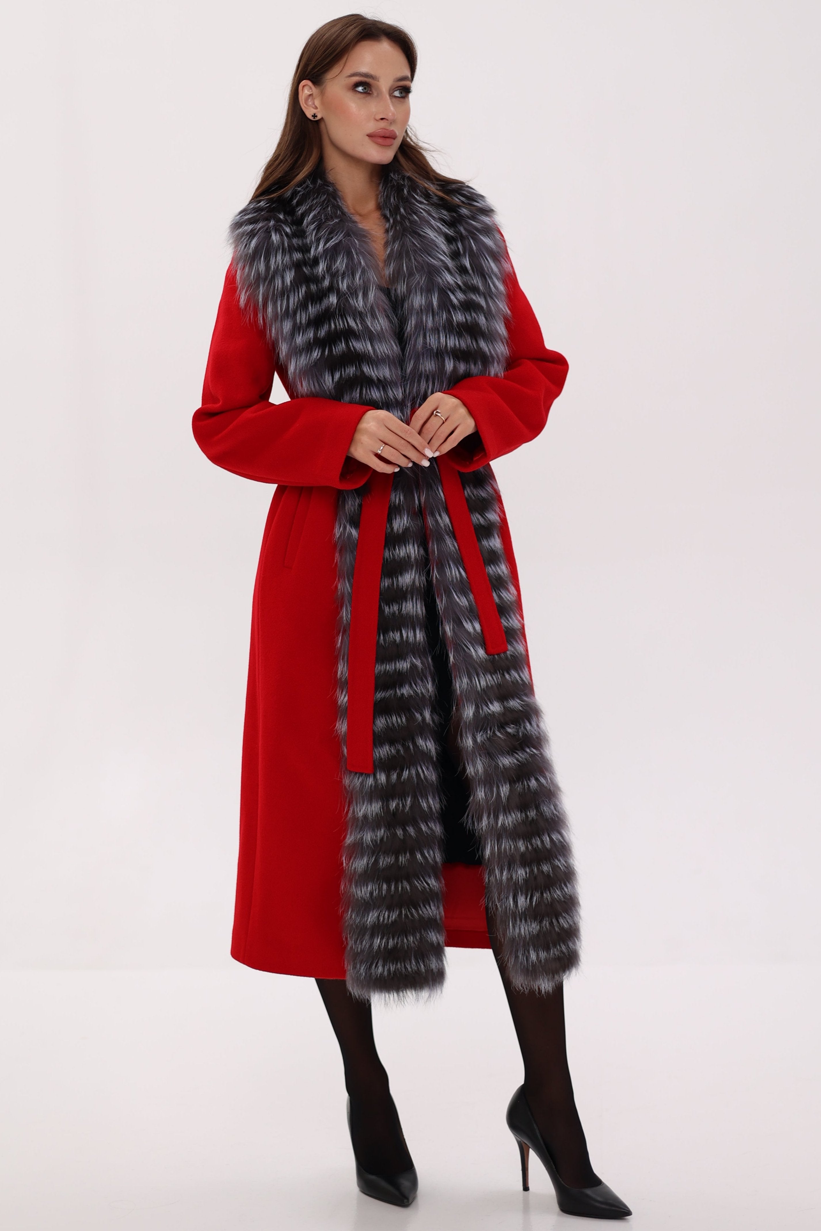 Genuine Silver Fox Virgin Wool Wrap Coat in Red - Energize Trek